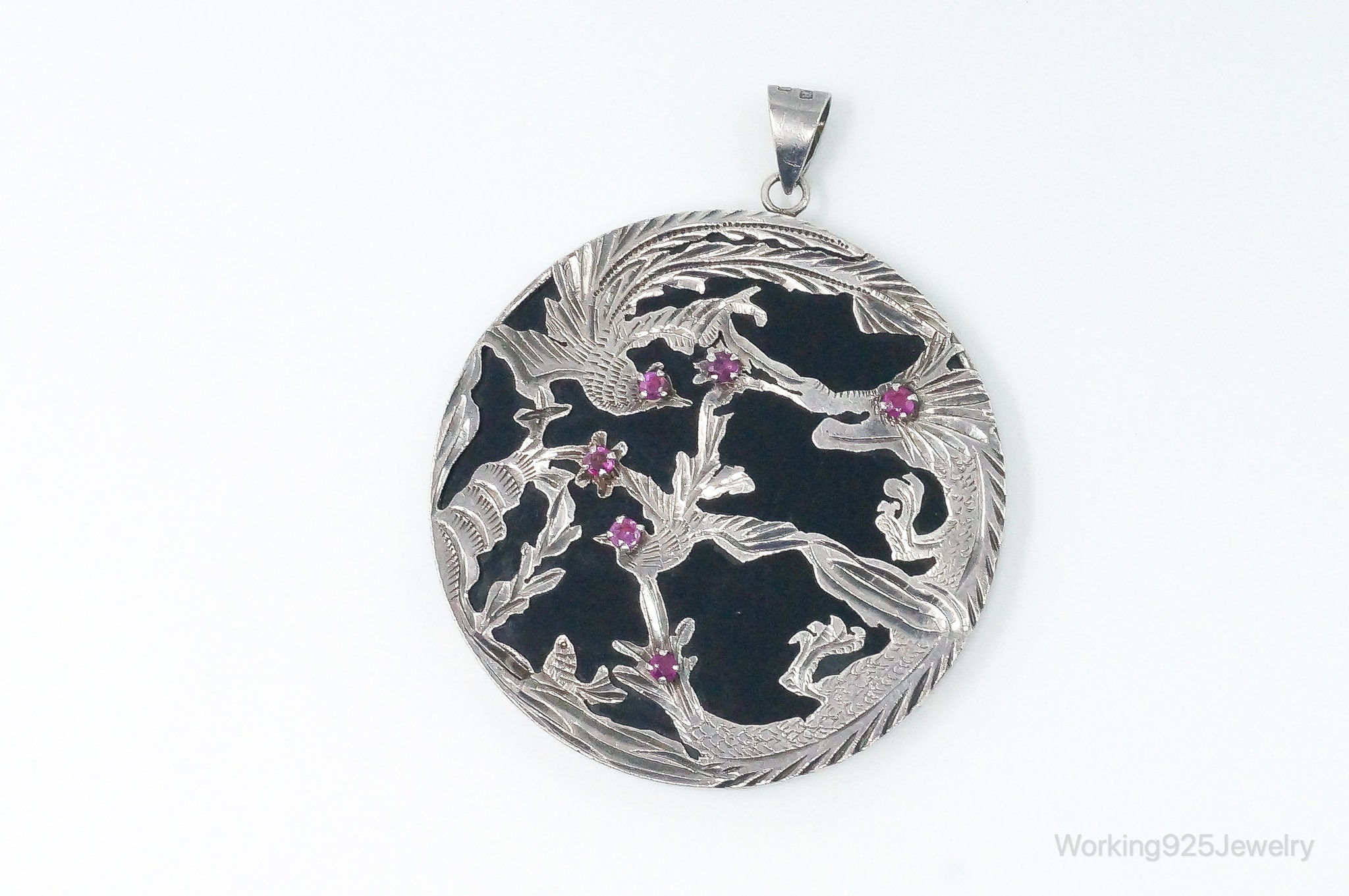 Vintage Large Ruby Black Onyx Etched Birds In Nature Sterling Silver Pendant