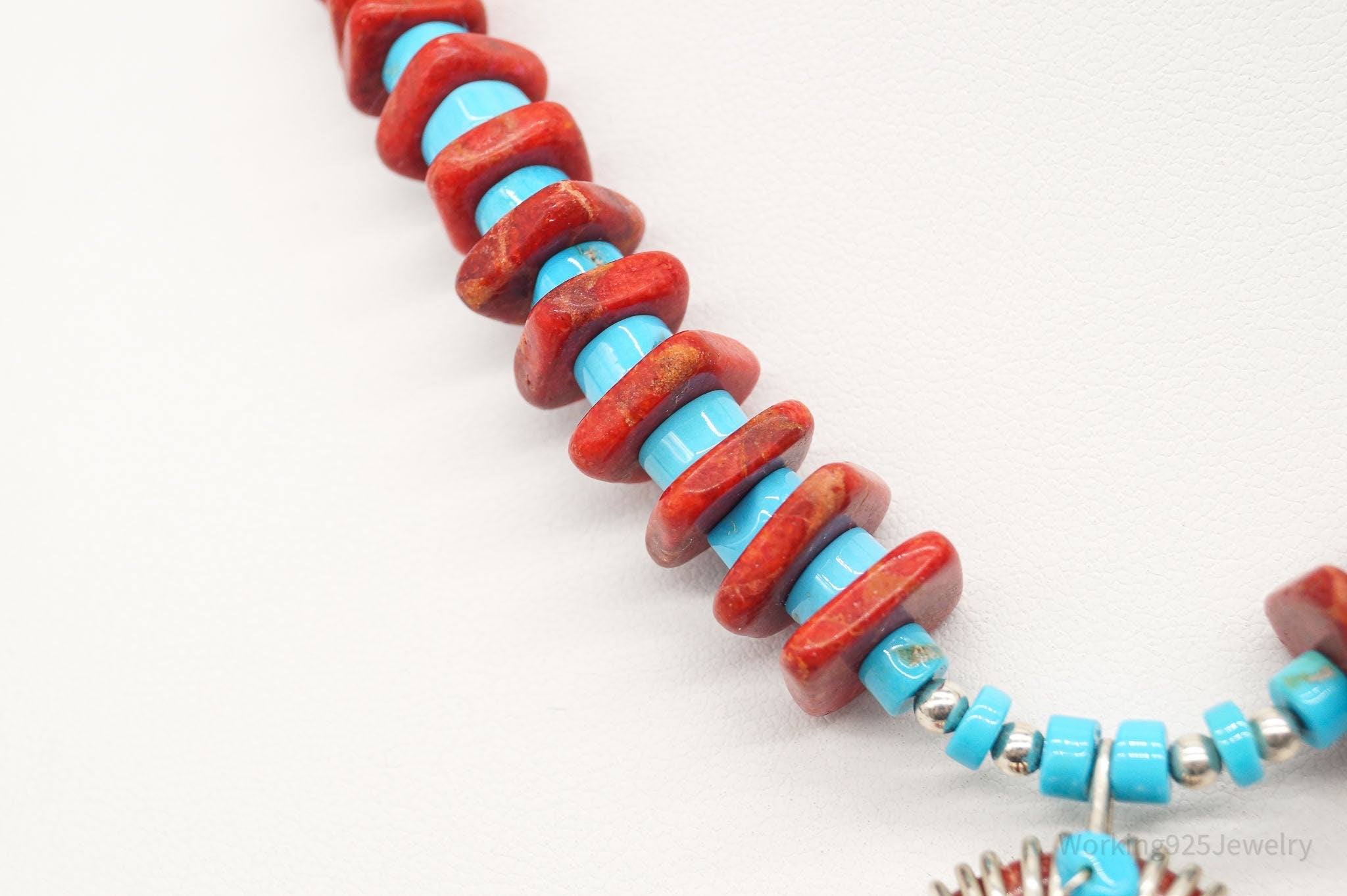 Vintage Native American Running Bear Coral Turquoise Bead SS Necklace