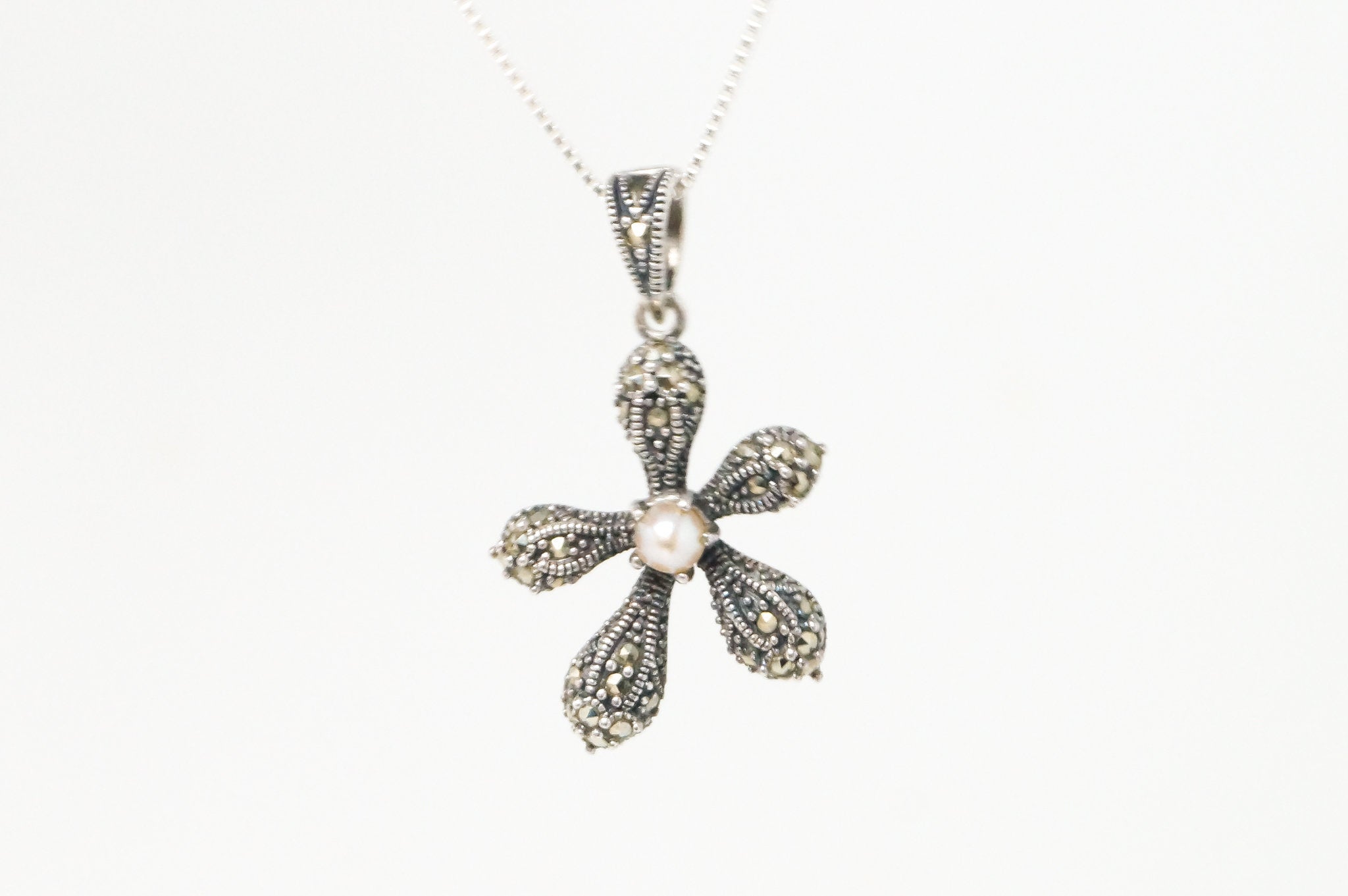 Vintage Flower Pearl Marcasite Sterling Silver Necklace Pendant