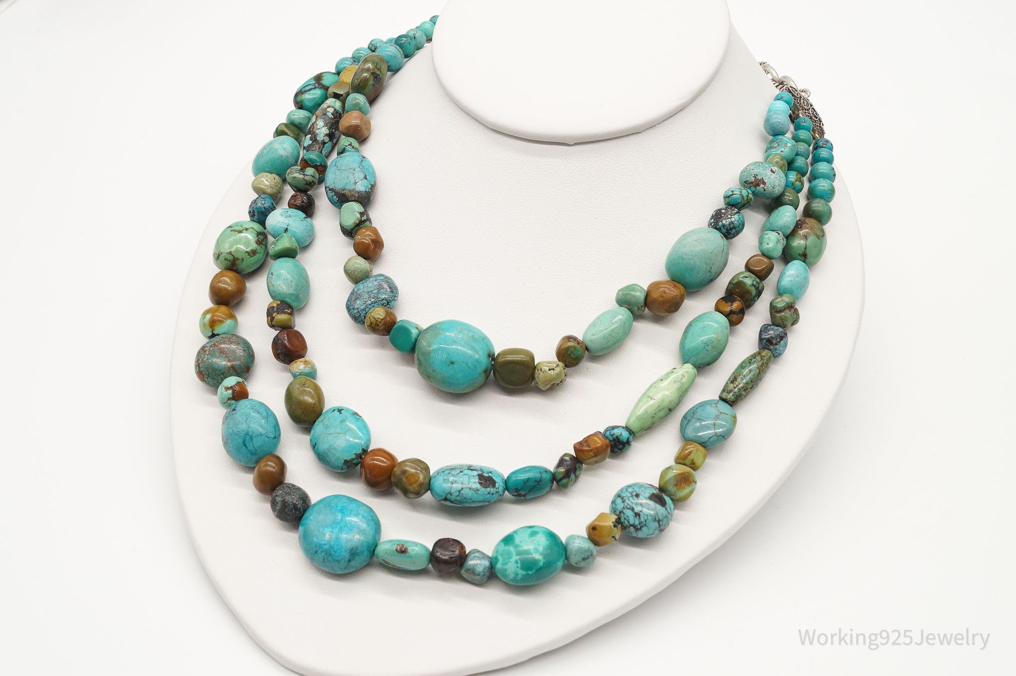 Vintage Designer BJ Mixed Type Turquoise Bead Sterling Silver Necklace 20"