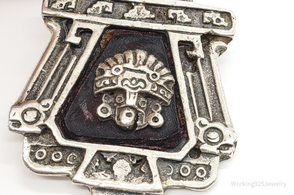 RARE Large Mexico Designer Aduna Aztec Leather Sterling Silver Pendant