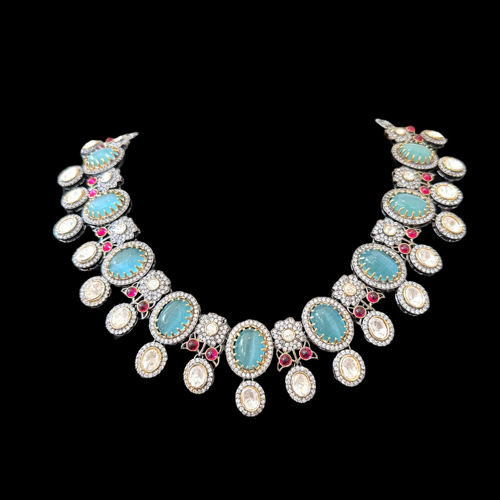 DNS82 Victorian fusion necklace set - turquoise  with ruby ( READY TO SHIP )