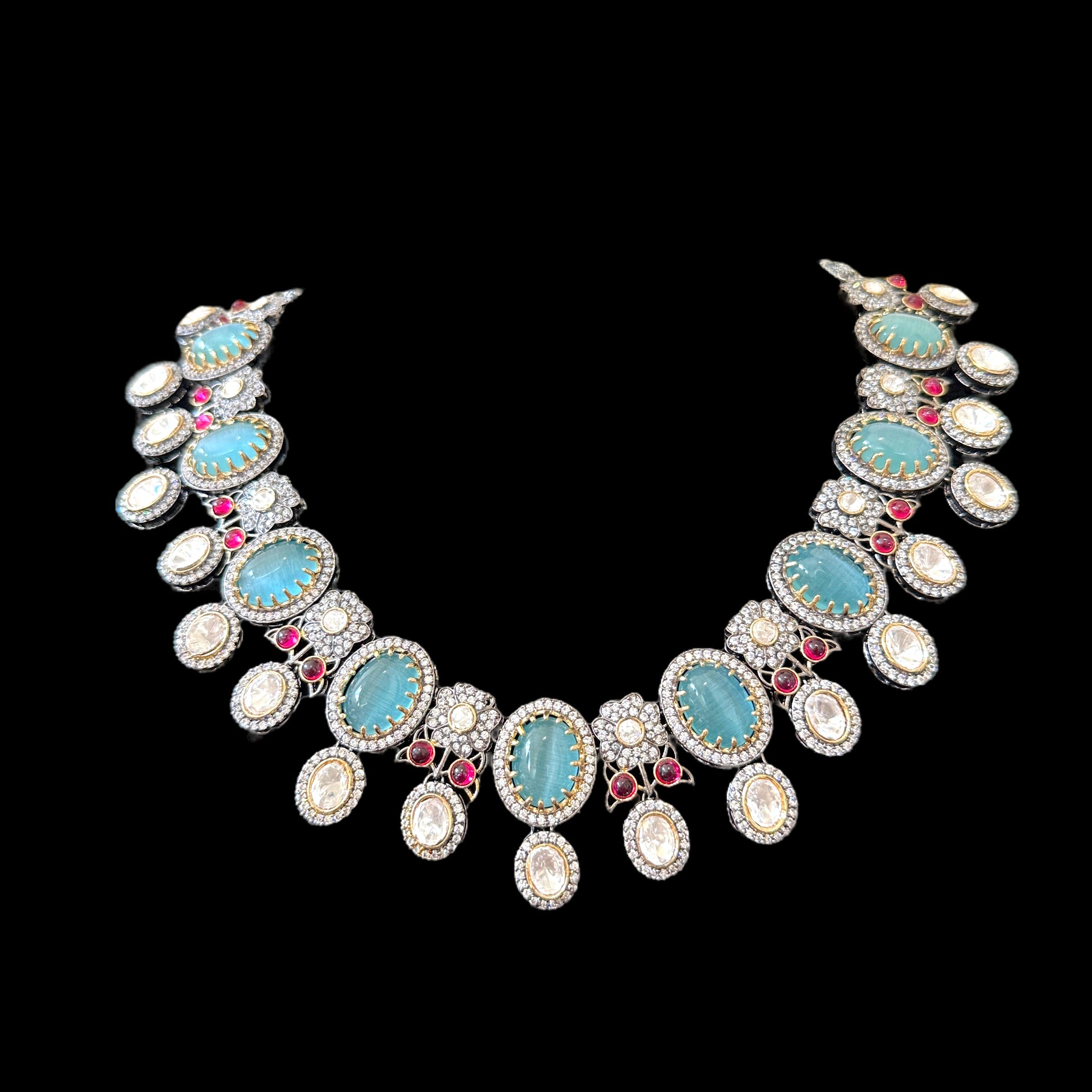 DNS82 Victorian fusion necklace set - turquoise  with ruby ( READY TO SHIP )
