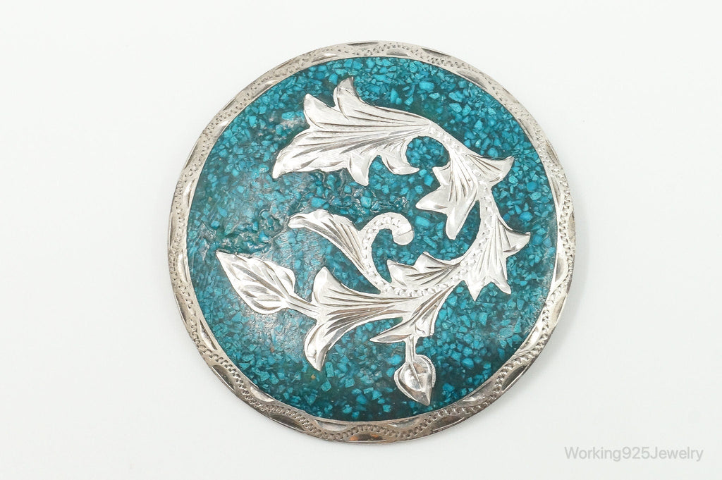 Vintage Mexico Handmade Crushed Turquoise Sterling Silver Pendant Pin