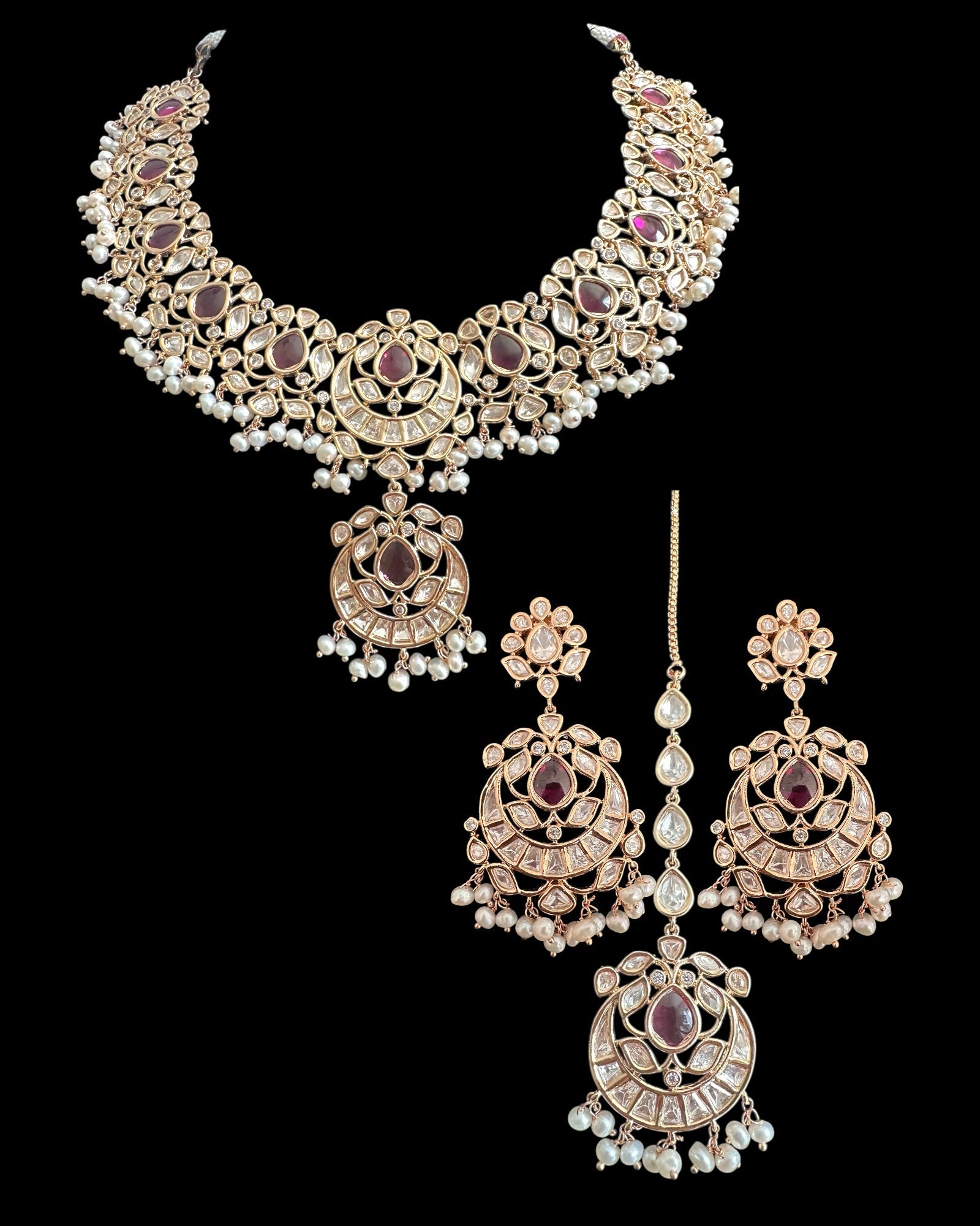 BR505 Zoyana Bridal necklace with earrings tika in fresh water pearls ( READY TO SHIP  )