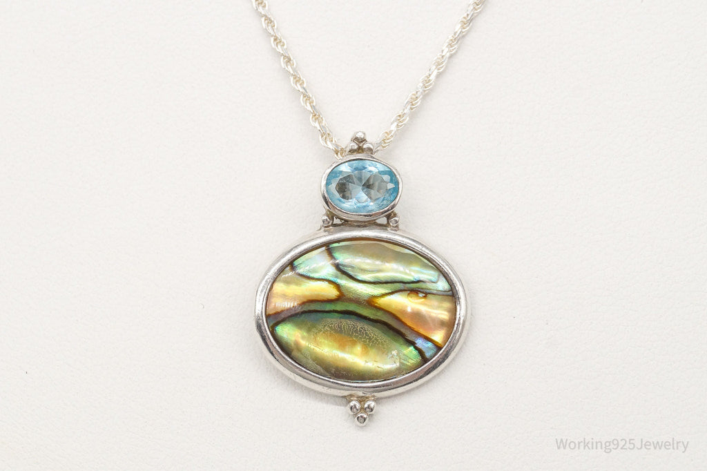Vintage Paua Abalone Shell Blue Topaz Sterling Silver Necklace