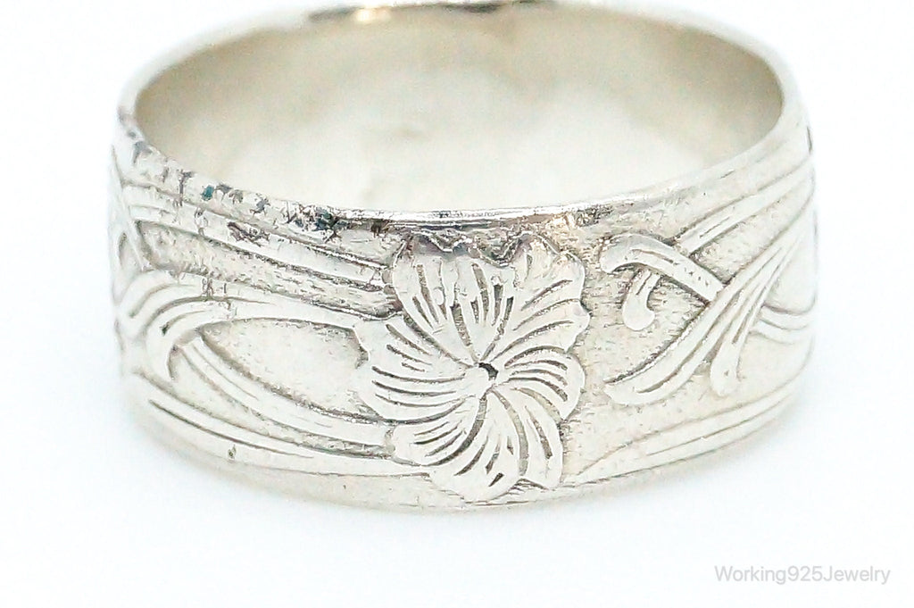 Antique Floral Design Sterling Silver Band Ring - Size 4.5