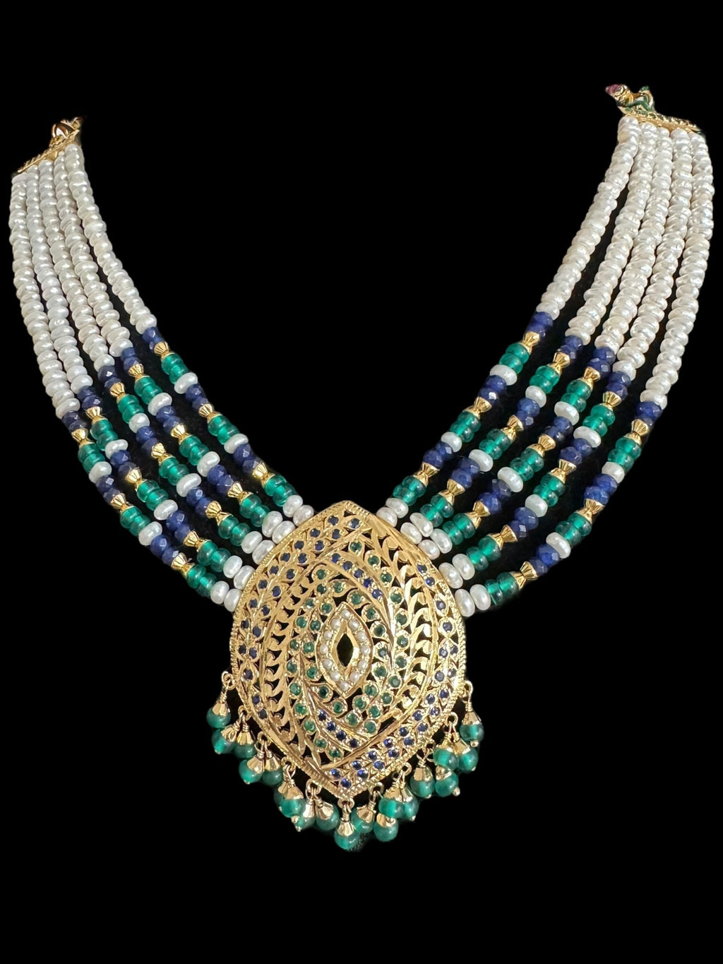 Emerald sapphire pearl jadau silver necklace set with gold plating ( READY TO SHIP )