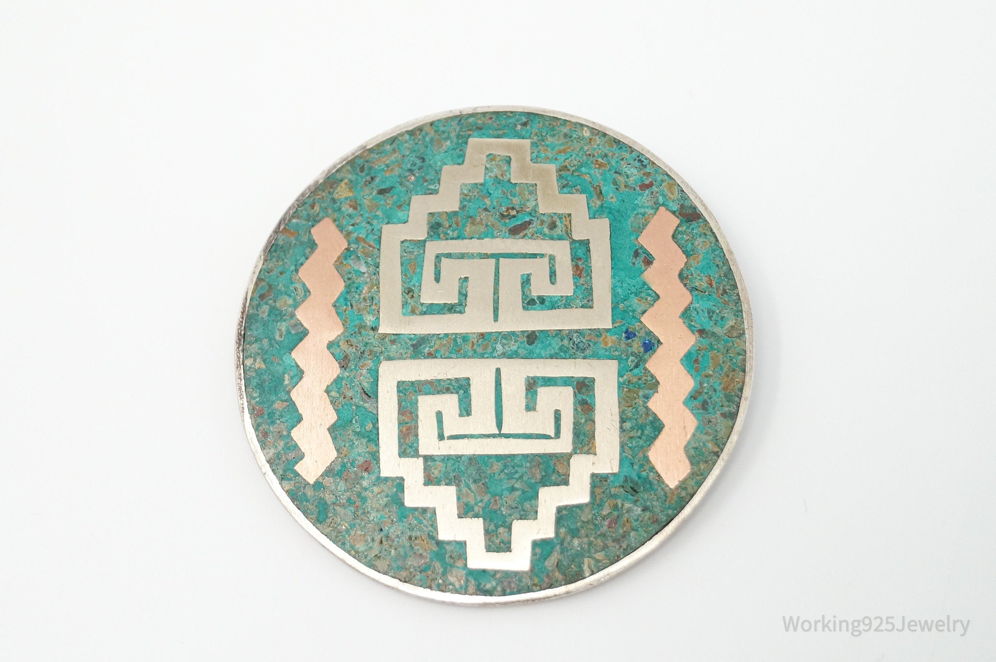 Vintage Taxco Mexico Signed Crushed Gemstone Sterling Silver Brooch Pin Pendant