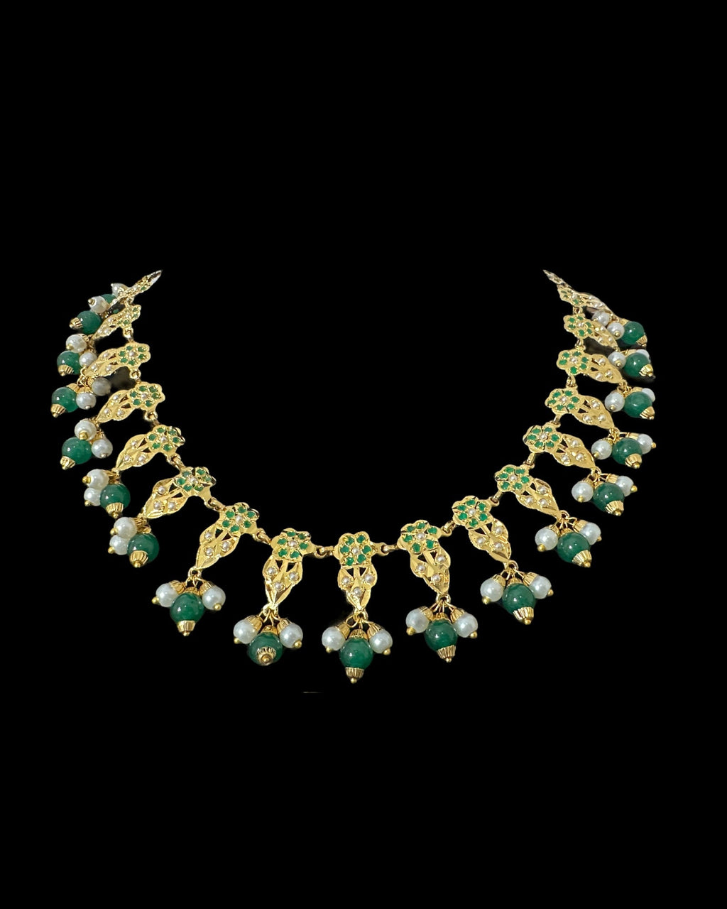 DNS194  Alea punjabi Jadau necklace  set - Emerald / Green   (READY TO SHIP)