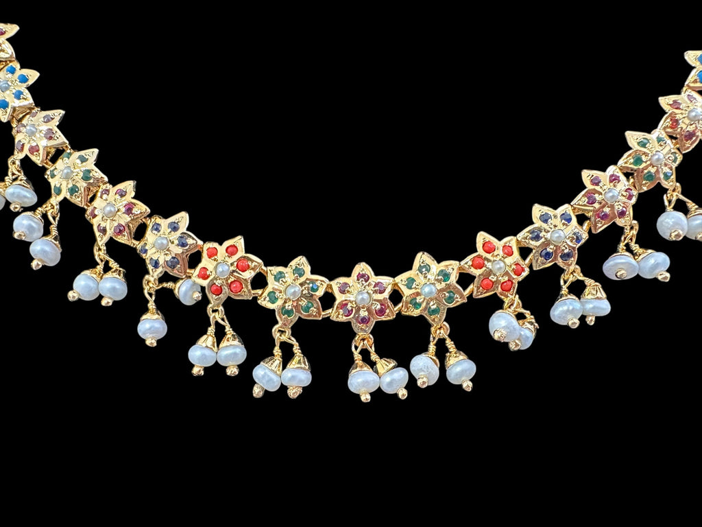 Navratan / Multicolored Jadau Necklace Set in Gold Plated Silver ( READY TO SHIP )