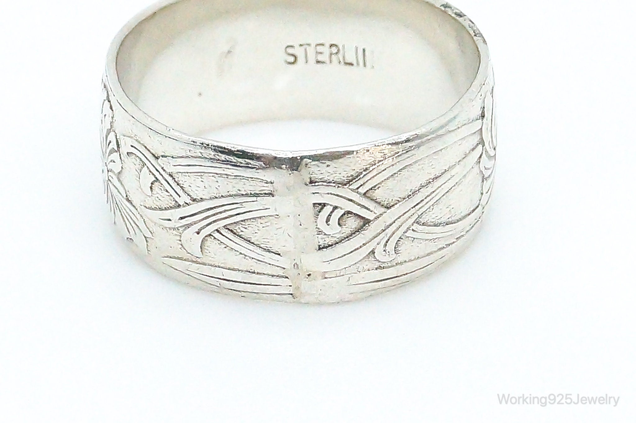 Antique Floral Design Sterling Silver Band Ring - Size 4.5