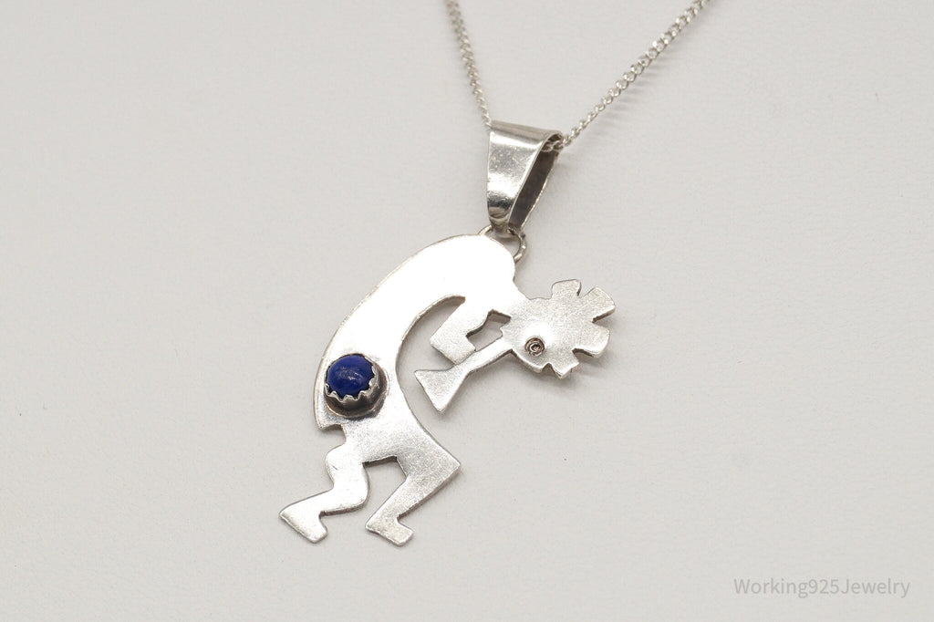 Vintage Native America Lapis Lazuli Dancing Kokopelli Sterling Silver Necklace