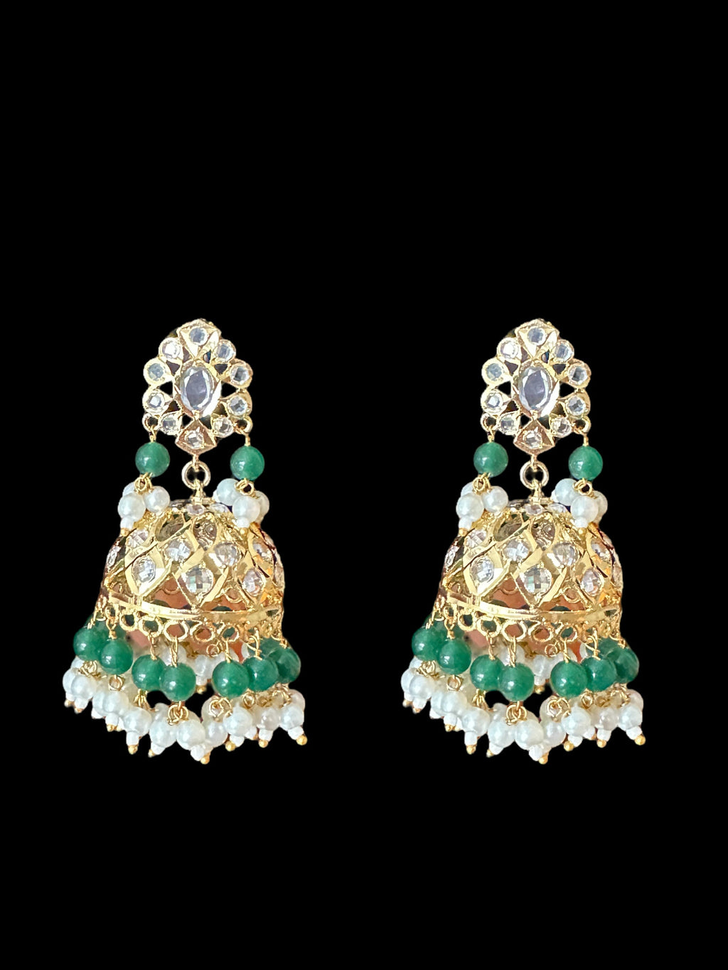 DER594 pearl and green beads hyderabadi jhumka ( READY TO SHIP )