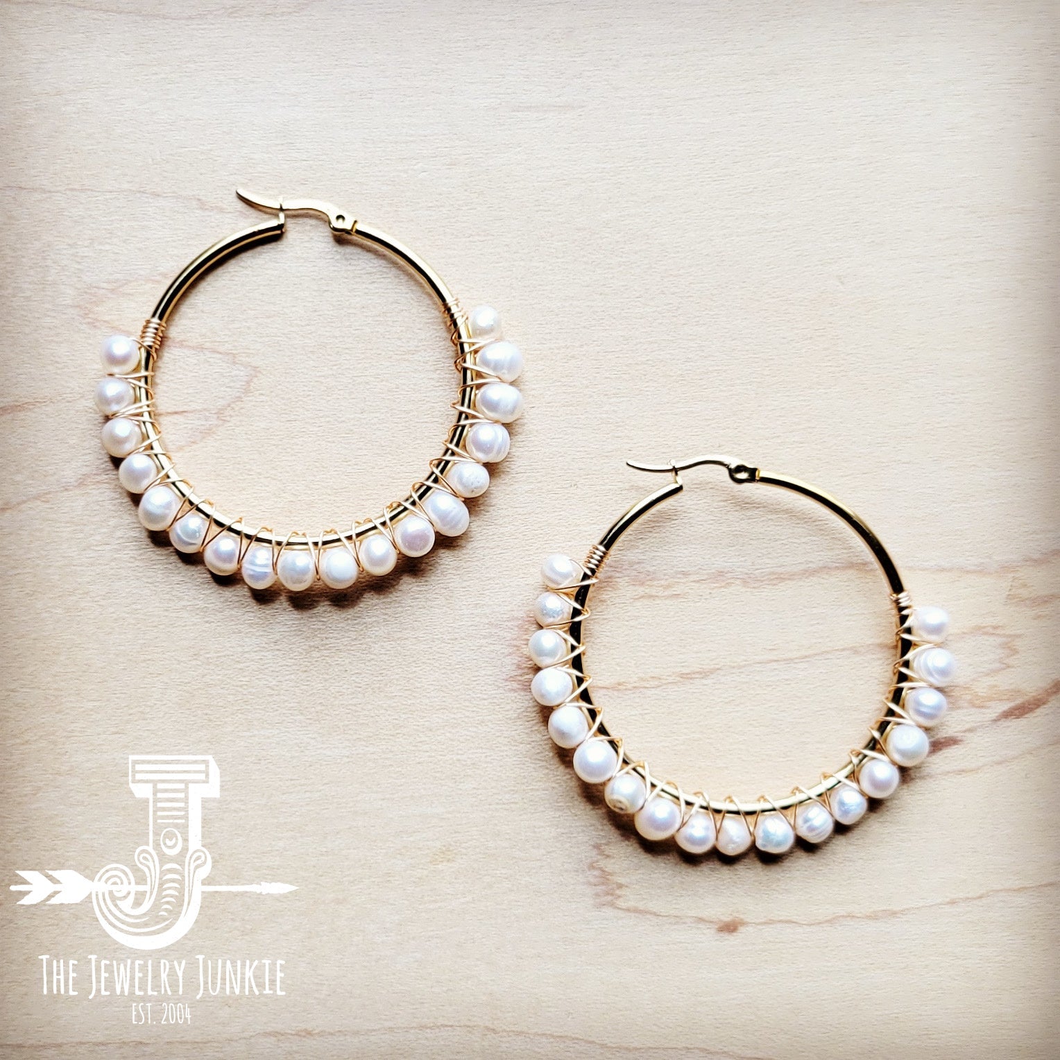 **Wire Wrapped Freshwater Pearl Beaded Hoop Earrings 221b
