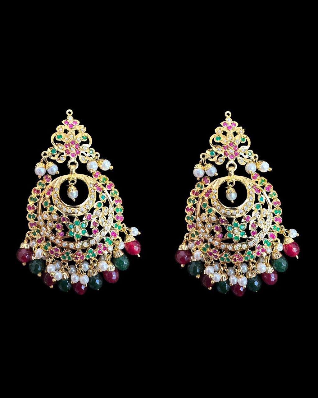 Dafiya ruby emerald Chandbali Earrings & Tika Set | Ready to Ship | Deccan Jewelry