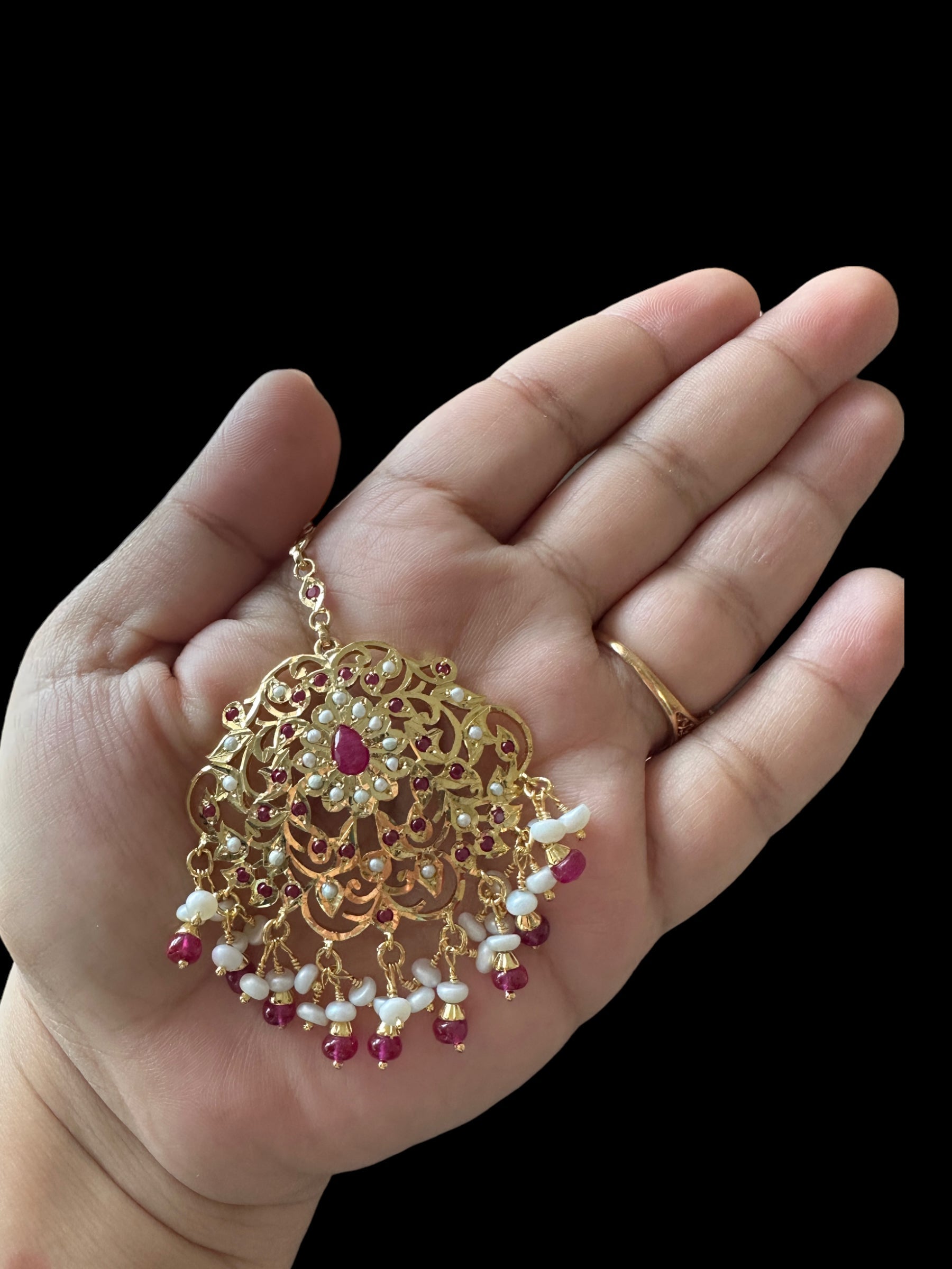 Mehwish Jadau tika in gold plated silver with fresh water pearls and rubies ( SHIPS IN 5 WEEKS )