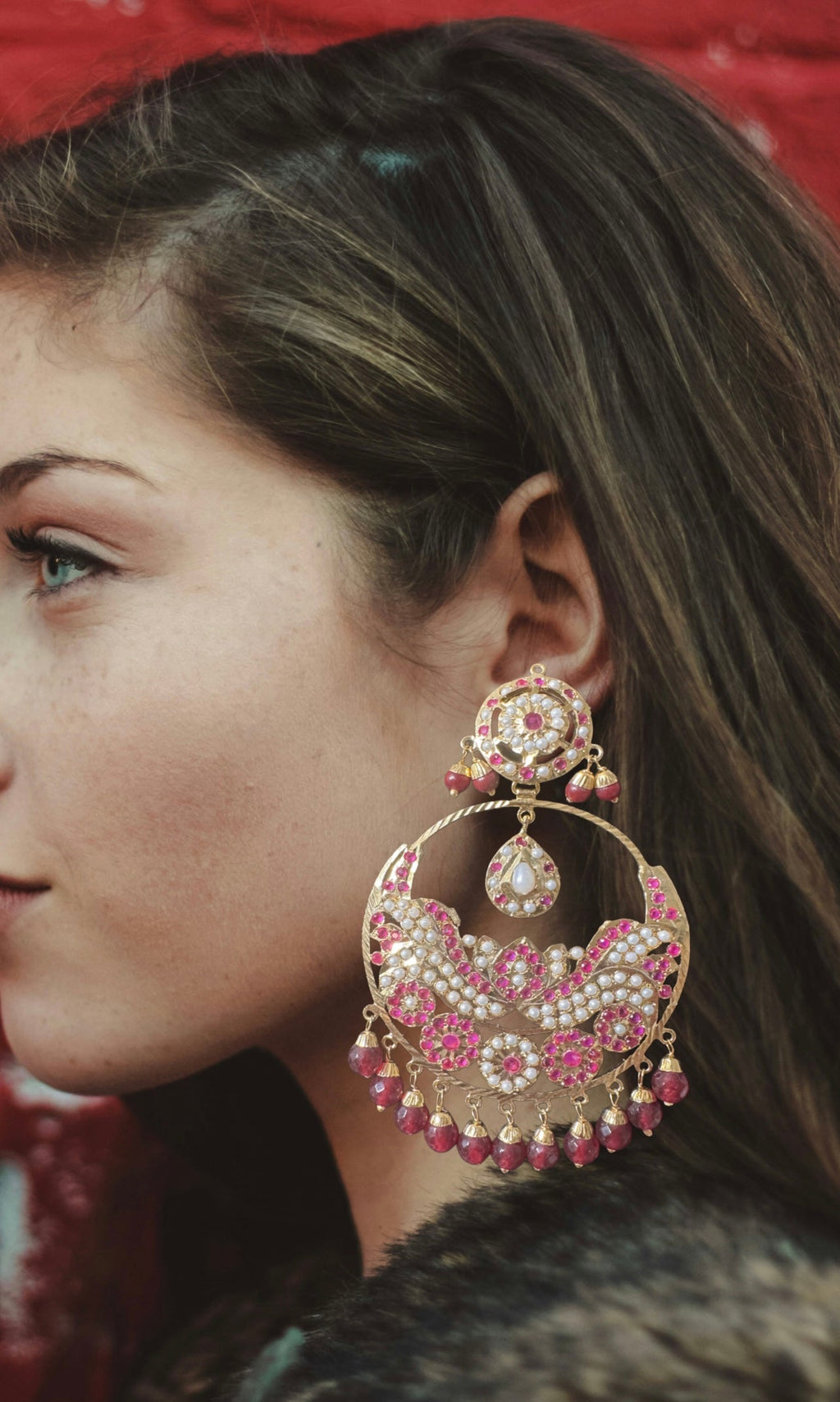 DER793  Roma chandbali earrings in Ruby ( READY TO SHIP )