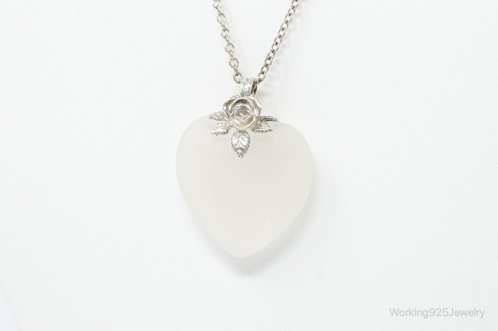 Vintage Large Frosted Glass Heart Rose Sterling Silver Necklace