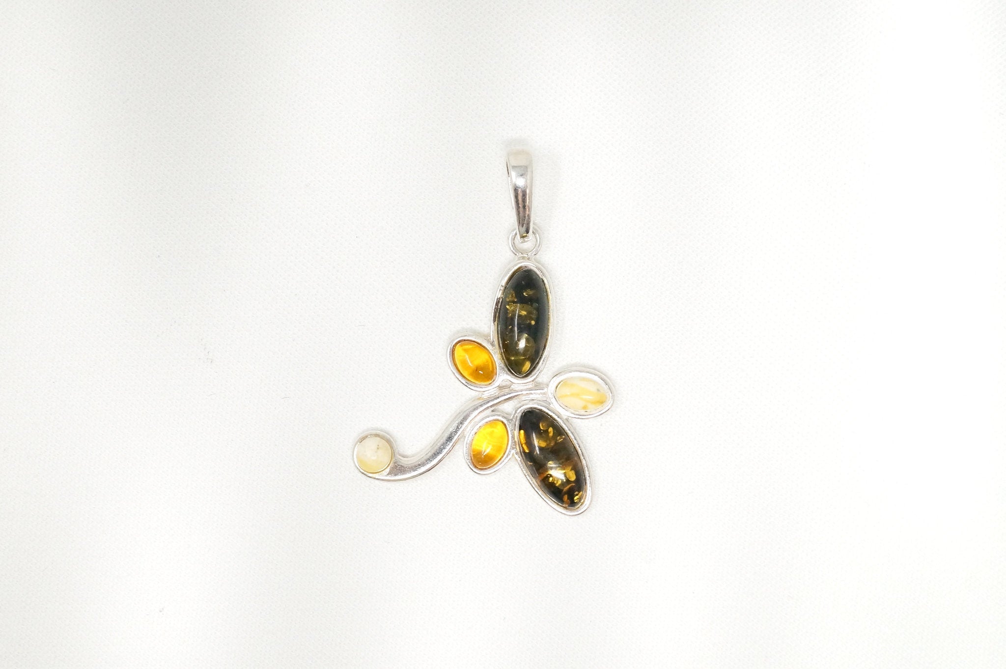 Vintage Multi Type Amber Dragonfly Sterling Silver Necklace Pendant