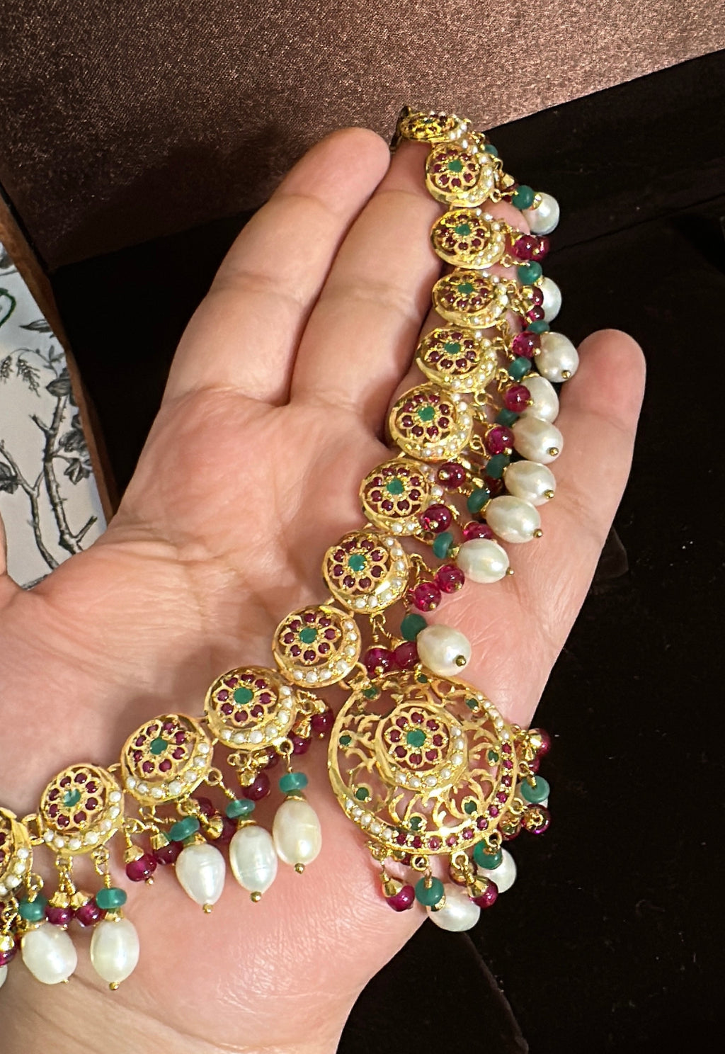 SN20 Ruby emerald pearl necklace with earrings|92.5silver gold plated ( READY TO SHIP )