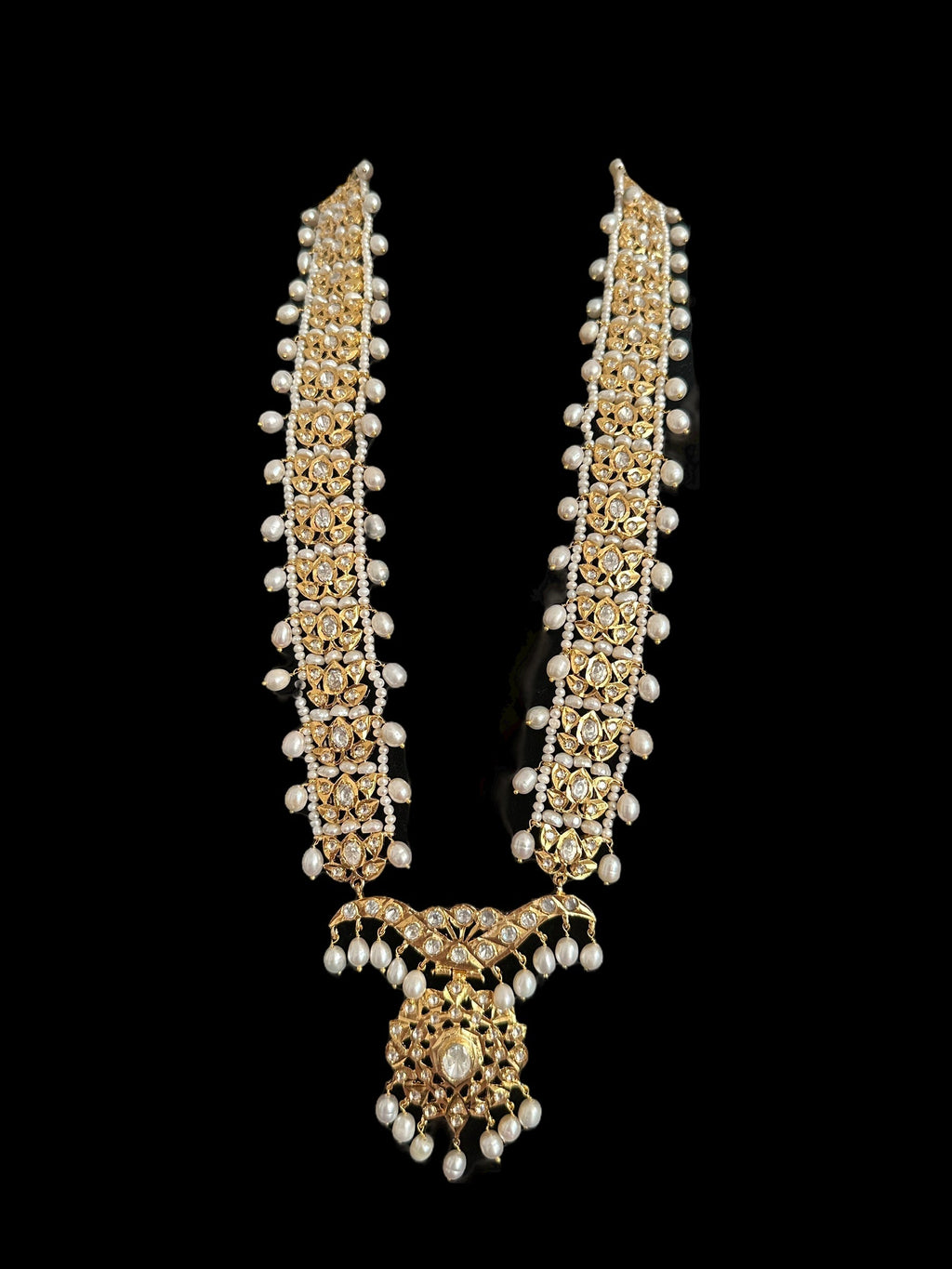 DLN119 Moissanite Polki Asif jaahi Rani haar with pearls ( READY TO SHIP )