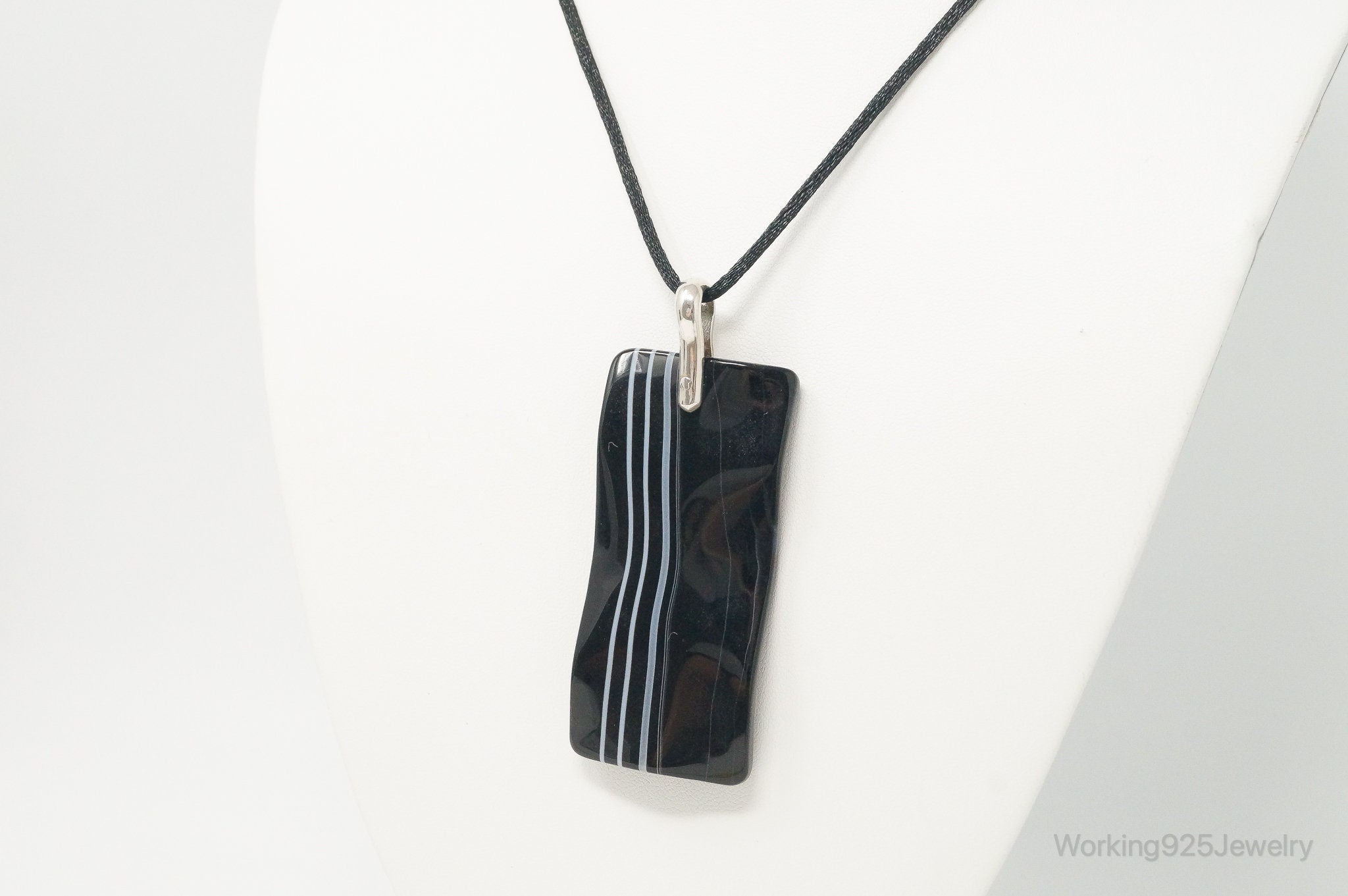 Vintage Large Rectangle Glass Sterling Silver Cord Necklace