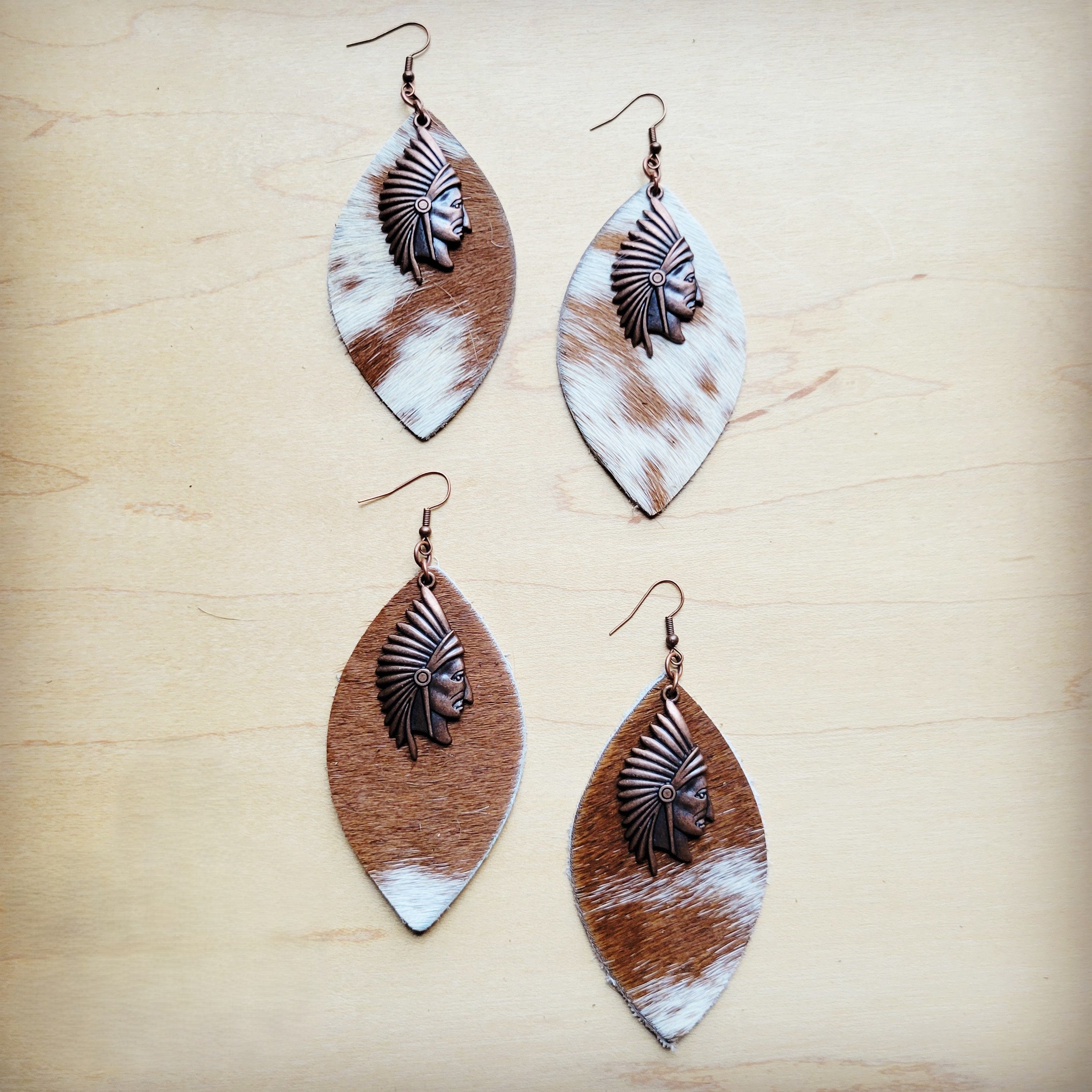 **Tan & White Leather Hide Earrings w/ Indian 220k