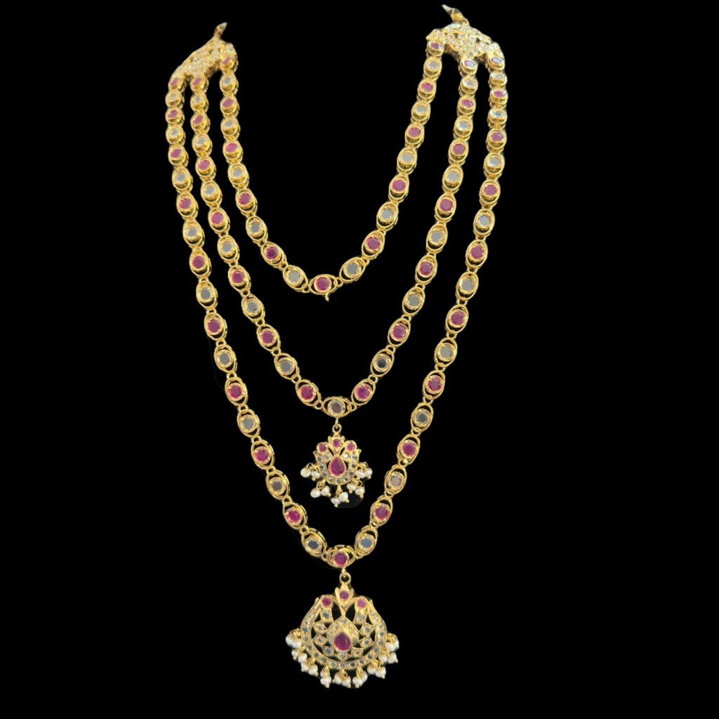 SAT93  Mallika hyderabadi three layer necklace set in ruby with fresh water pearls ( READY TO SHIP )