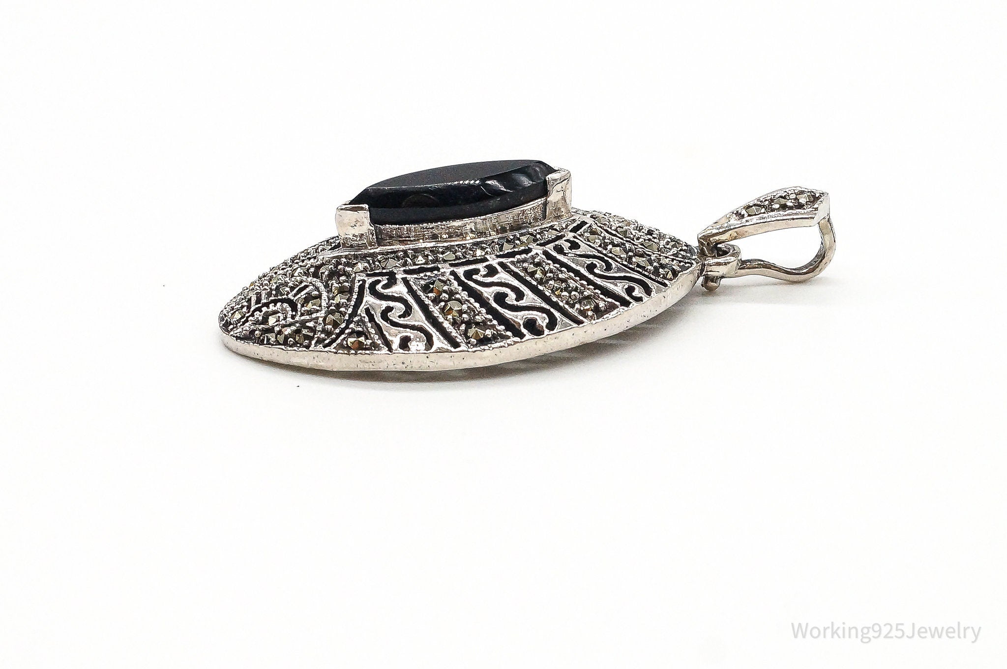 Vintage Large Black Onyx Marcasite Sterling Silver Pendant