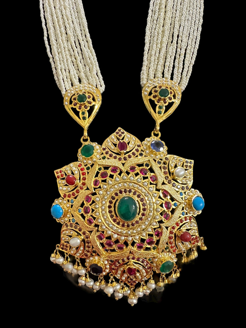 Gold plated silver Rani haar in Navratan ( READY TO SHIP)