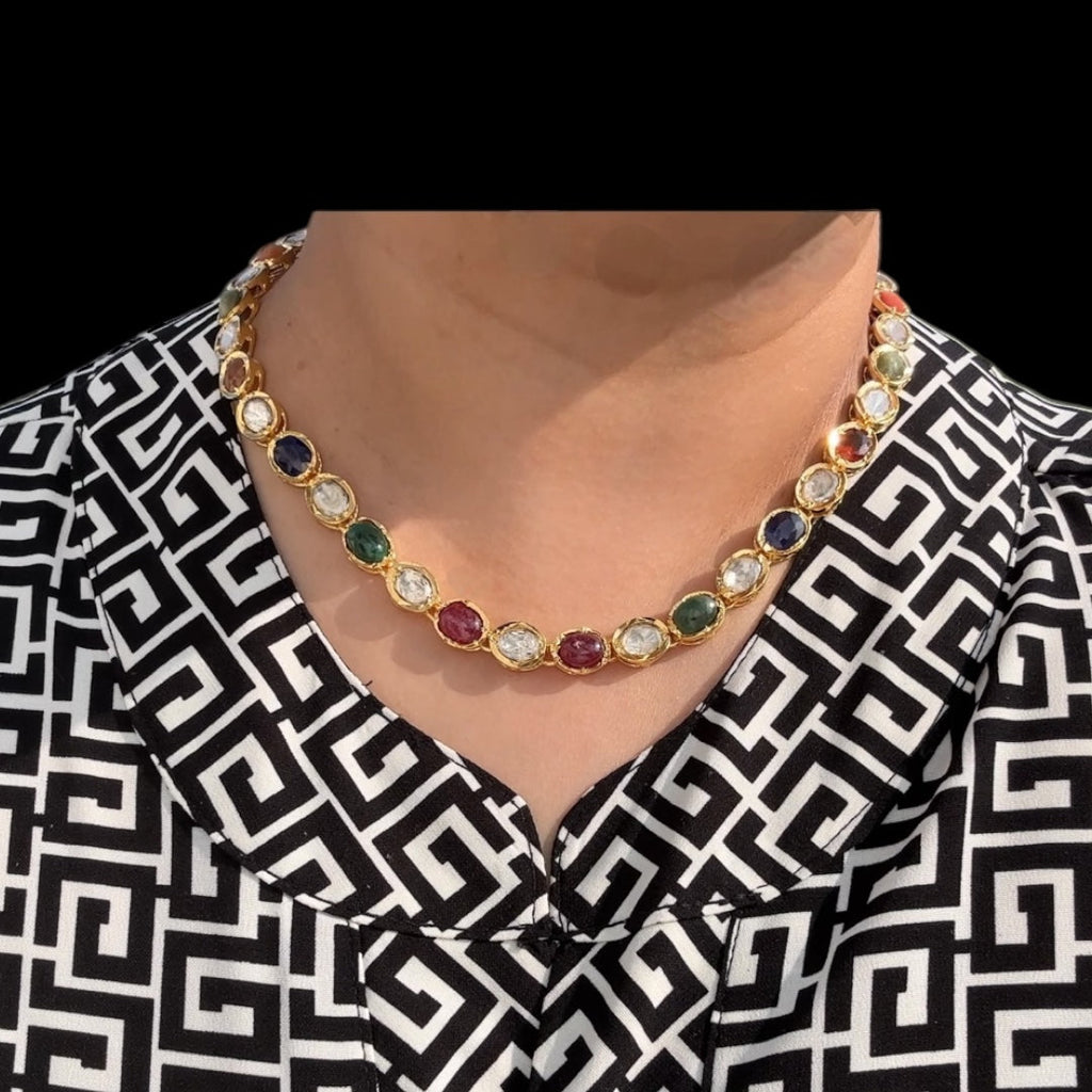 DNS205 Bhanu navratan necklace with earrings in real gemstones ( READY TO SHIP )