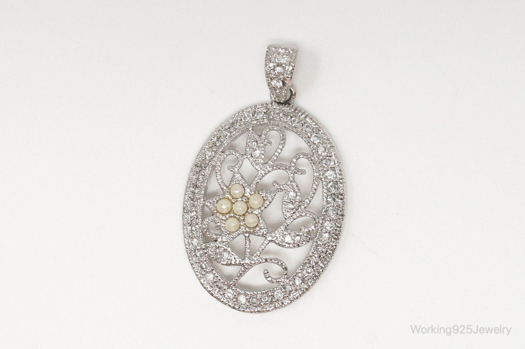 Large Vintage Faux Pearl Cubic Zirconia Sterling Silver Pendant
