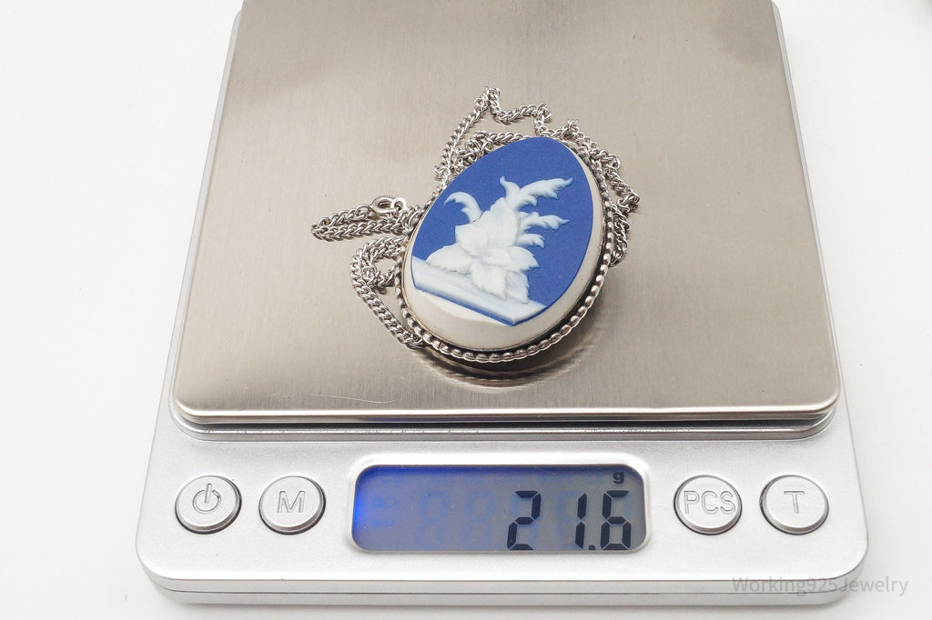 Vintage Carved Blue Agate Flower Sterling Silver Necklace 23"