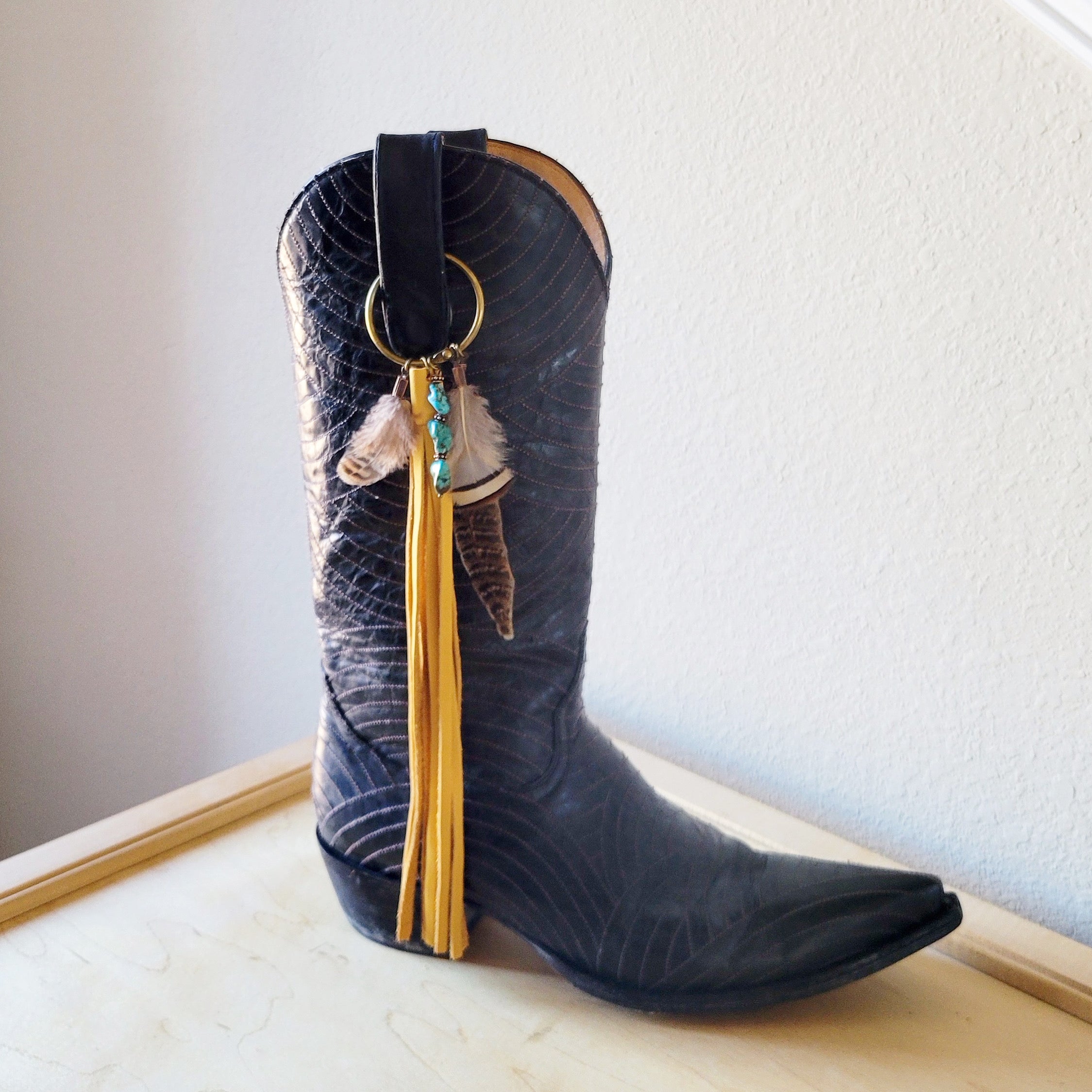 Boho Western Boot Bling Charm with Leather Fringe 500c
