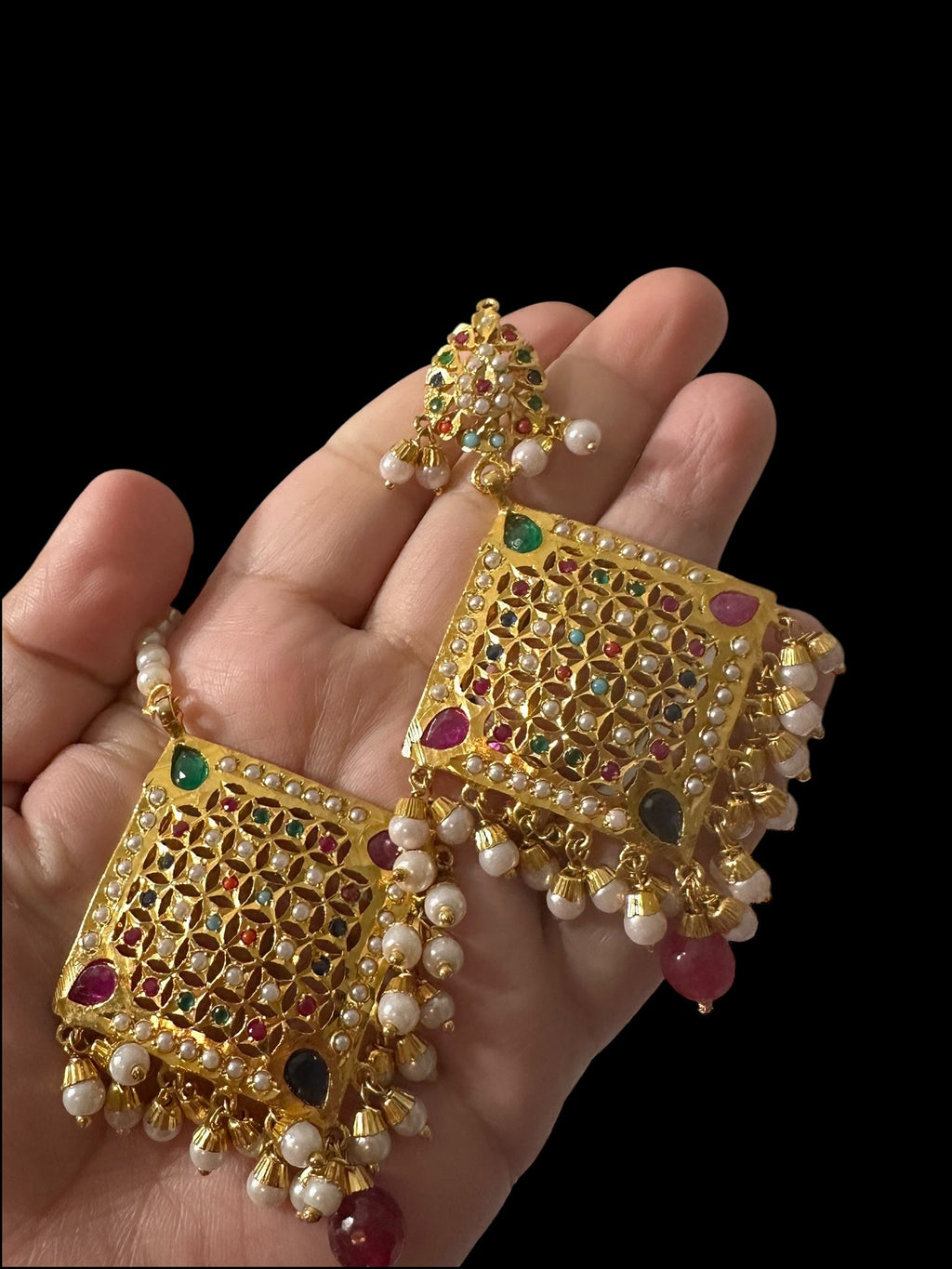 Jadau chandbali earrings tika in Navratan ( READY TO SHIP )