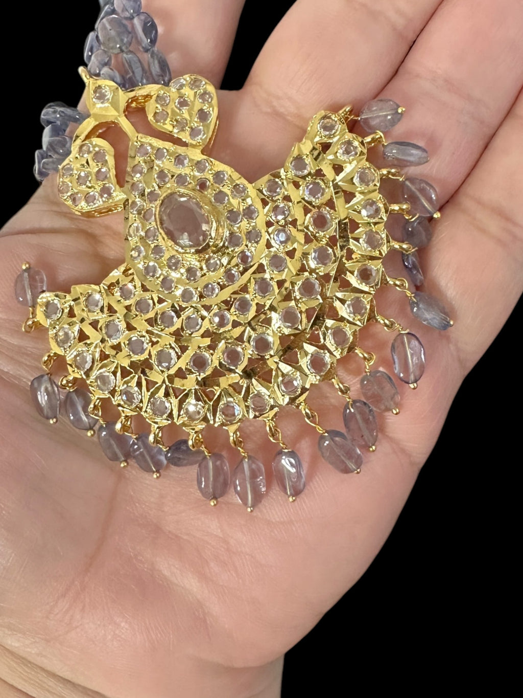 DLN124 Khushi long necklace with earrings in real tanzanite beads ( READY TO SHIP )