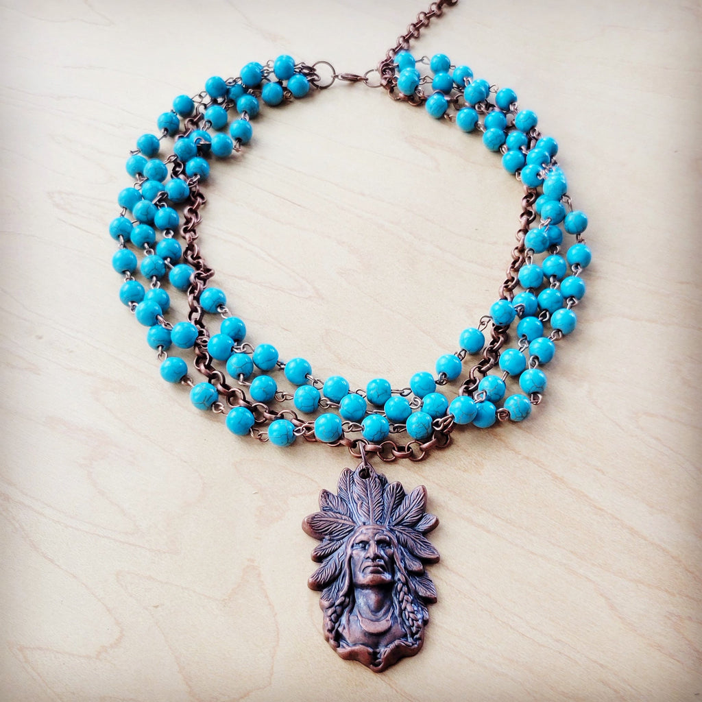 Blue Turquoise Beaded Collar Necklace w/ Indian Pendant 260w