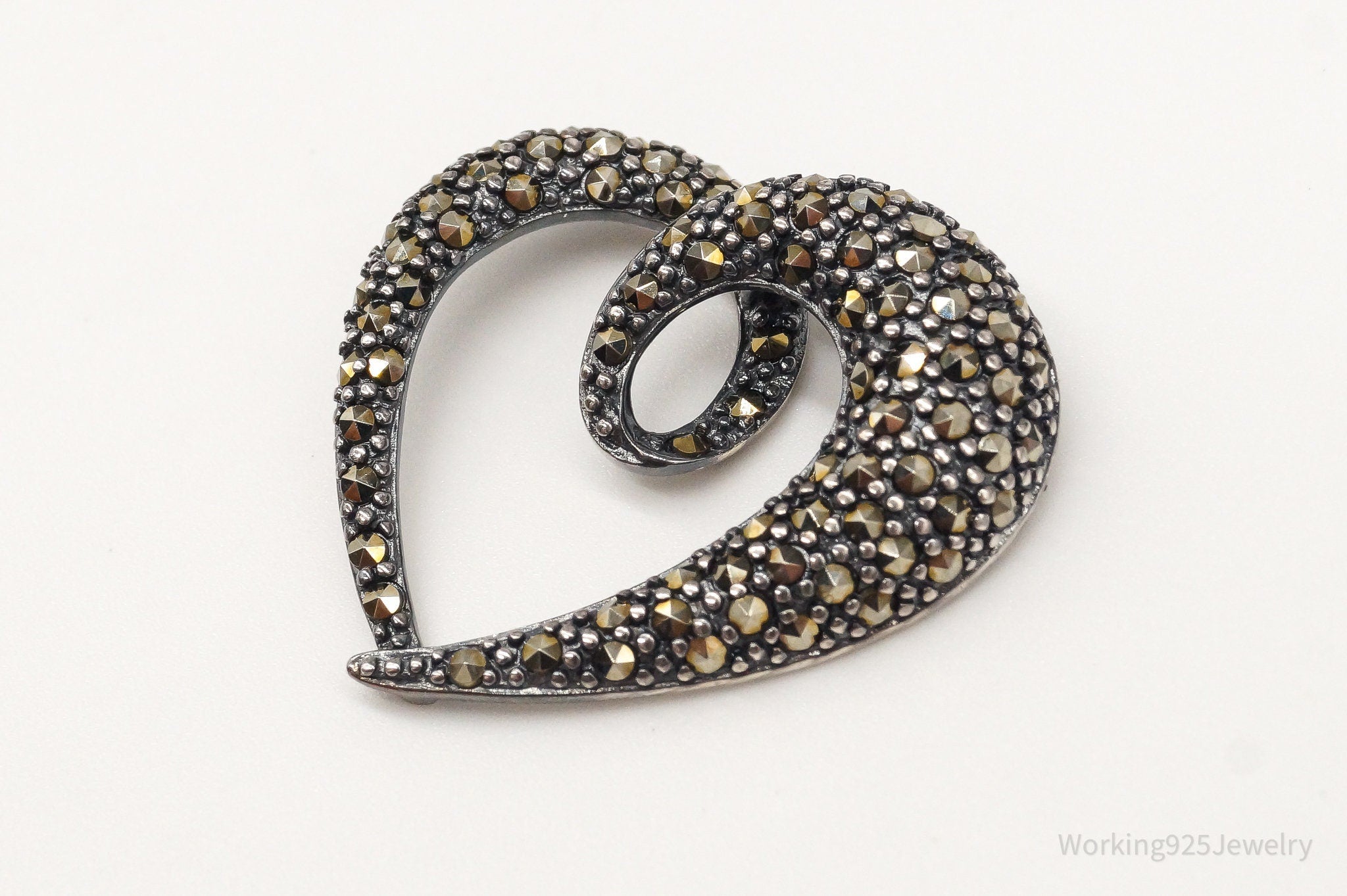 Vintage Large Marcasite Heart Sterling Silver Pendant