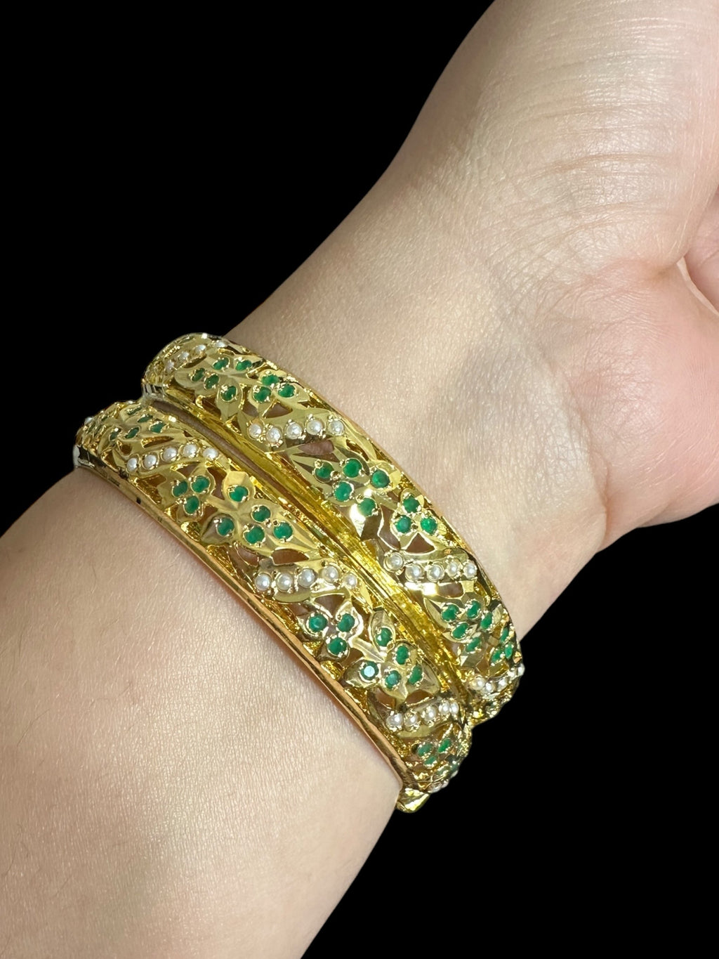 B309 Jadau  bangles ( Emerald pearls    ) ( READY TO SHIP)