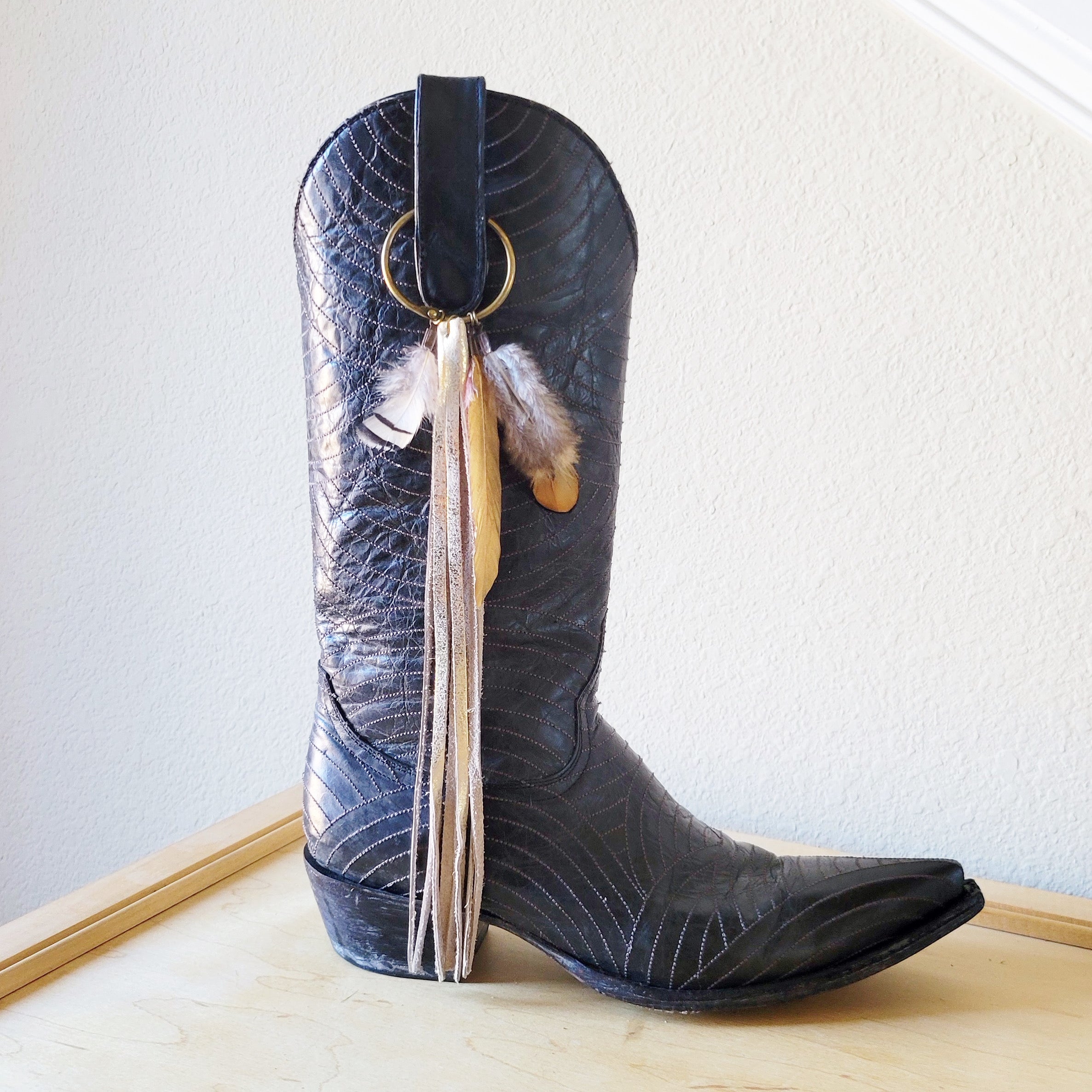 Boho Western Boot Bling Charm with Leather Fringe 500b