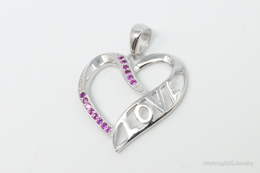 Vintage Open Heart Pink Cubic Zirconia Sterling Silver Necklace Pendant