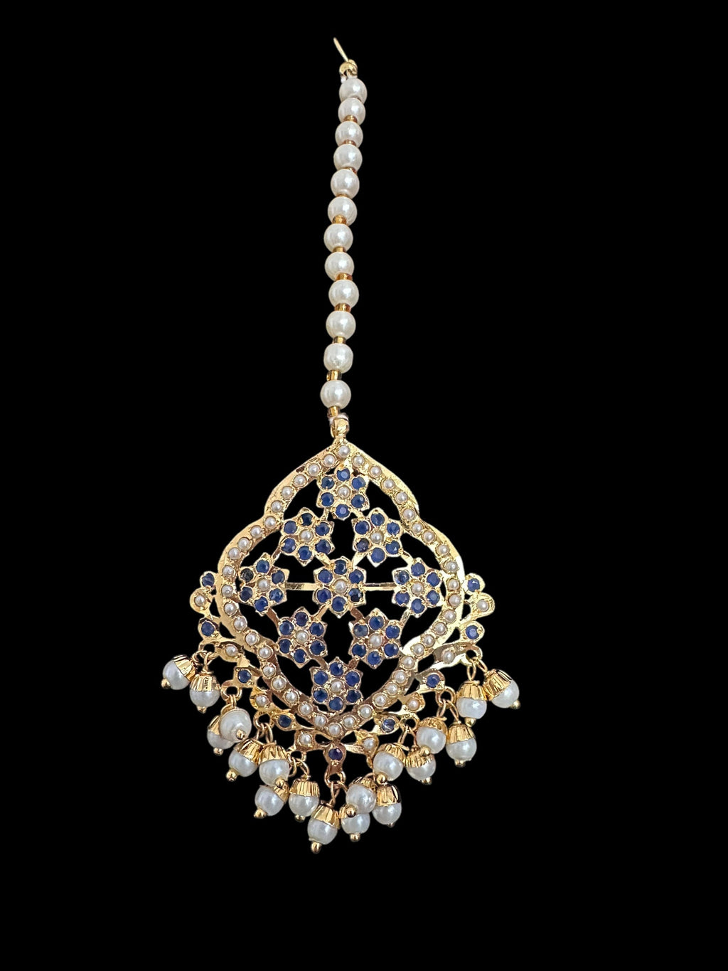 Mehru Jadau chandbali earrings tika in sapphire pearls ( READY TO SHIP )