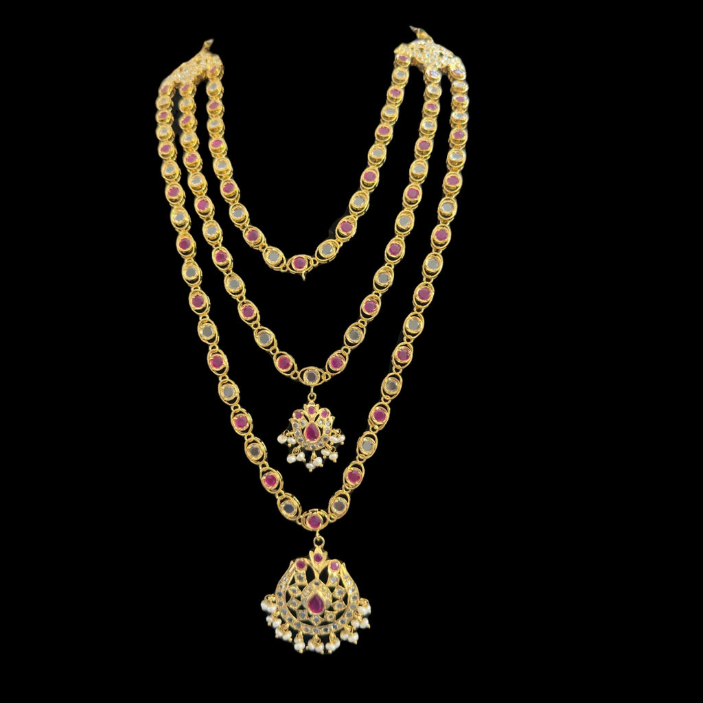 SAT93  Mallika hyderabadi three layer necklace set in ruby with fresh water pearls ( READY TO SHIP )