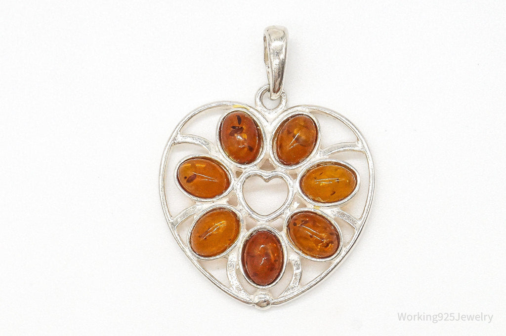 Vintage Amber Heart Modernist Sterling Silver Pendant