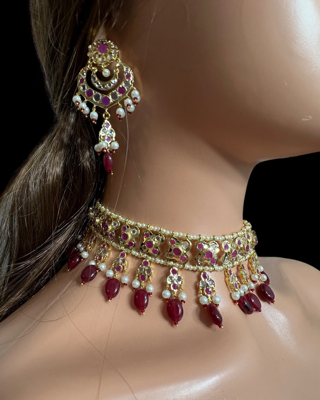 C560 Mahira choker with chandbali and tika in red beads ( READY TO SHIP )