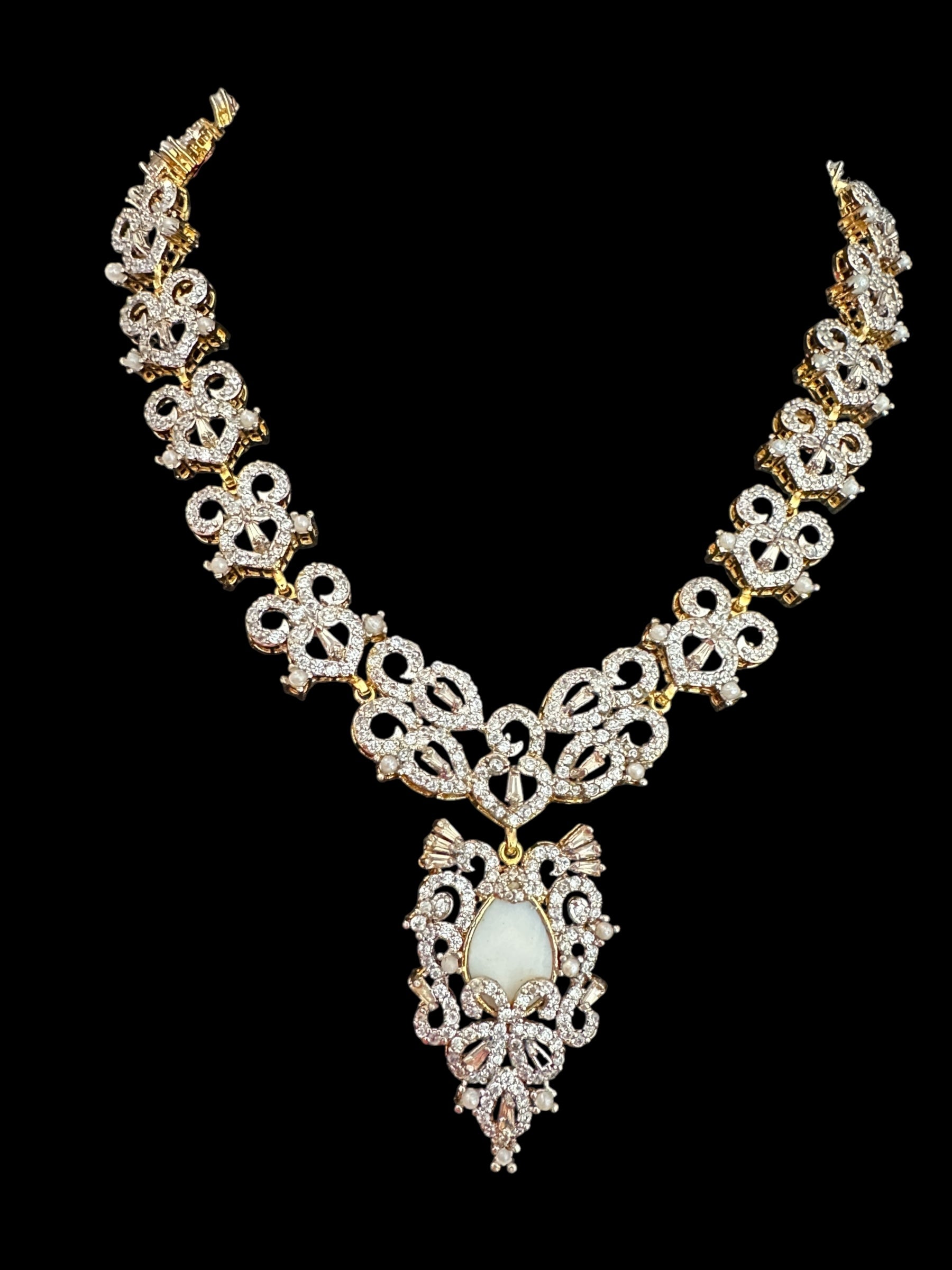 DNS158  Cz necklace with earrings in mother of pearl , gold plated ( READY TO SHIP )