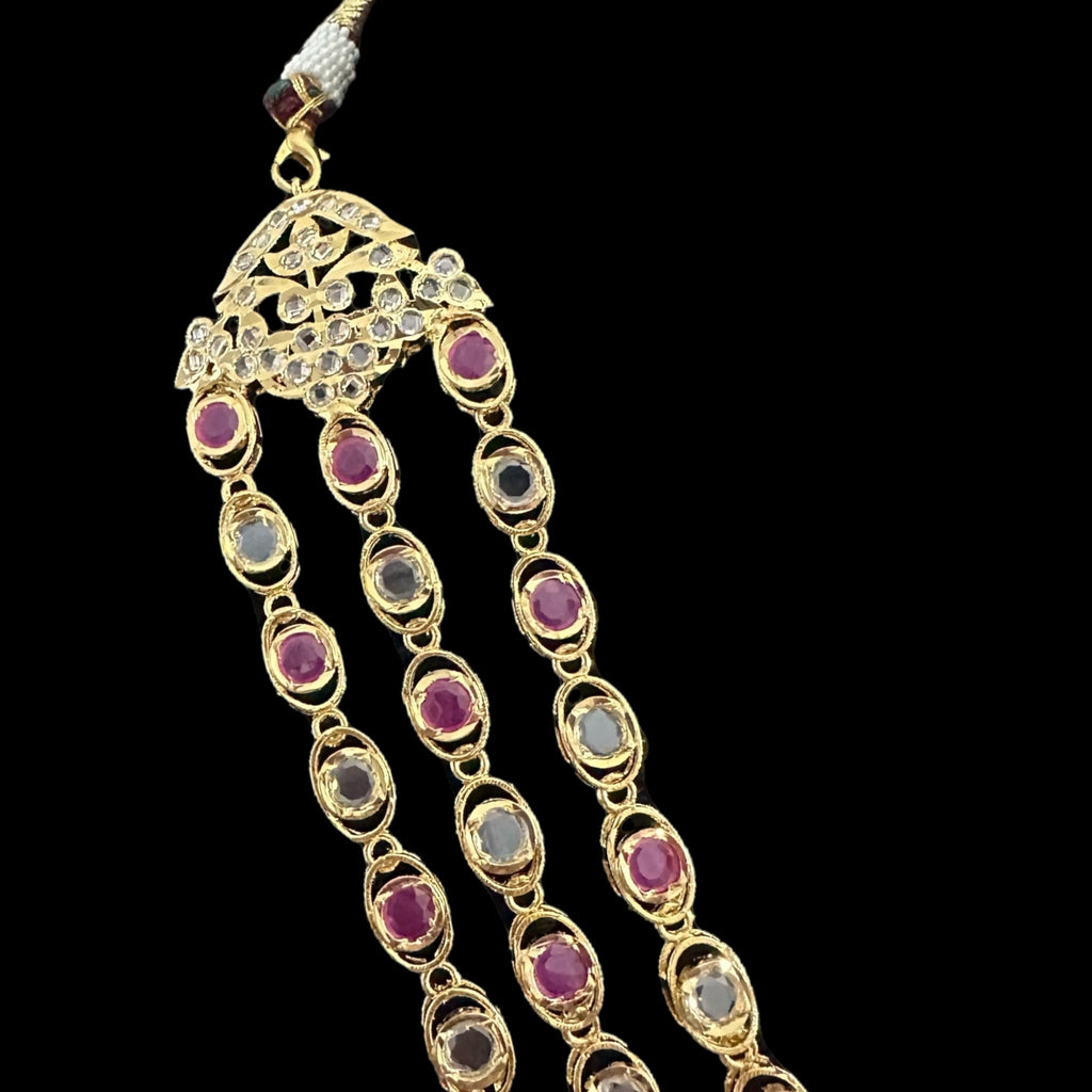 SAT93  Mallika hyderabadi three layer necklace set in ruby with fresh water pearls ( READY TO SHIP )
