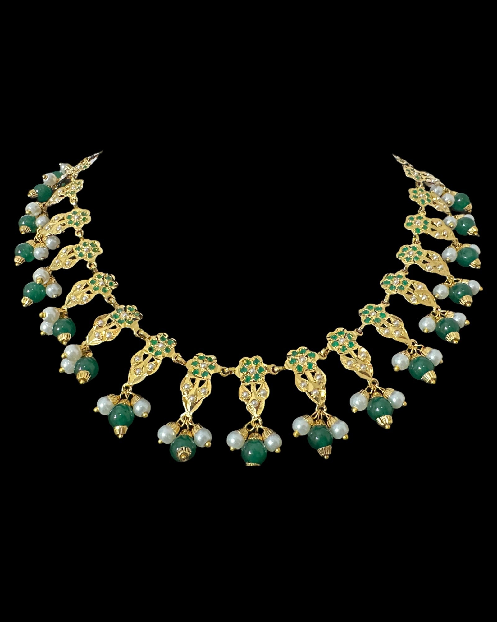 DNS194  Alea punjabi Jadau necklace  set - Emerald / Green   (READY TO SHIP)