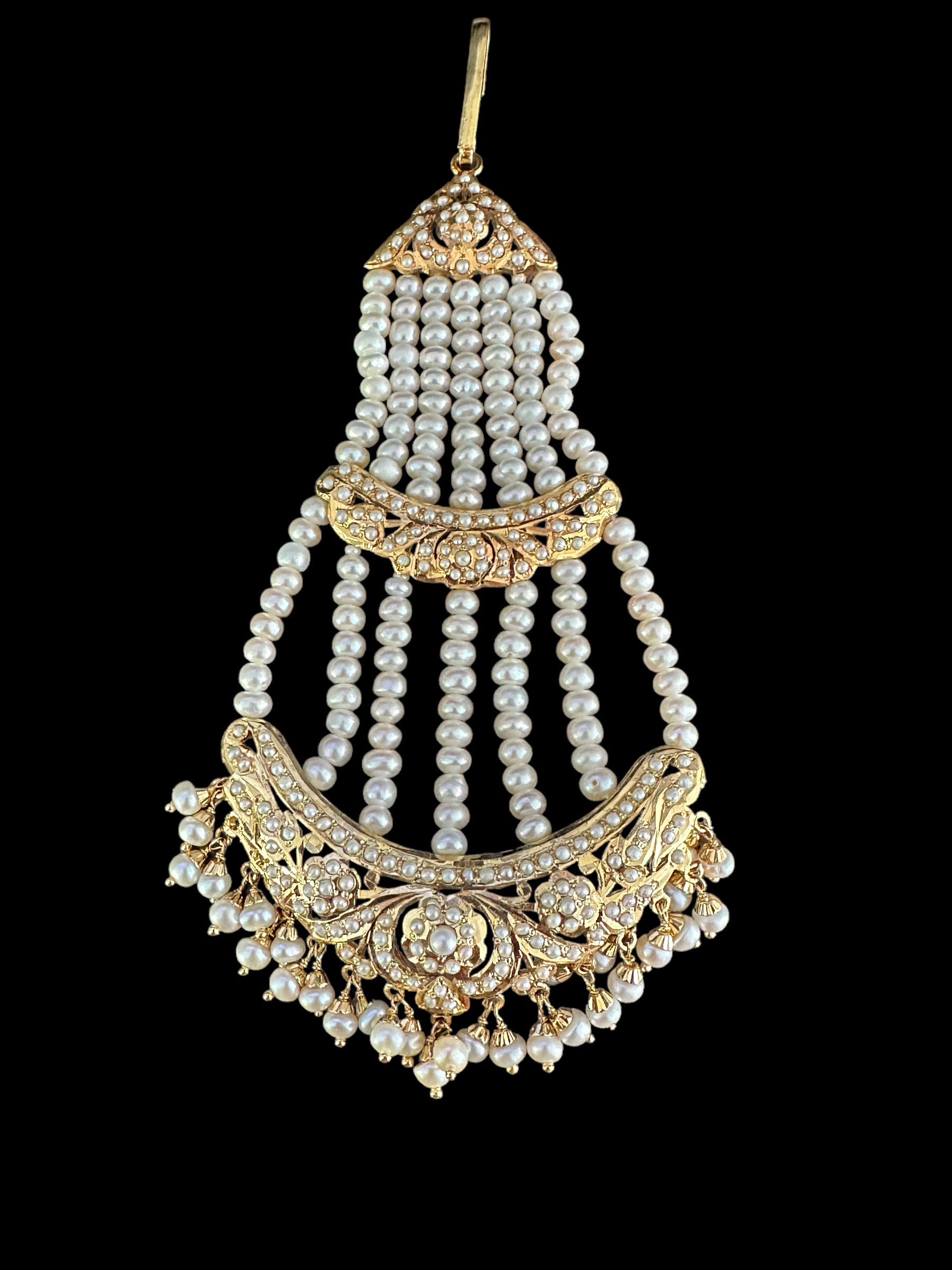 Fresh water pearl Bridal Jadau jhoomar in Gold Plated Silver ( SHIPS IN 5 WEEKS )